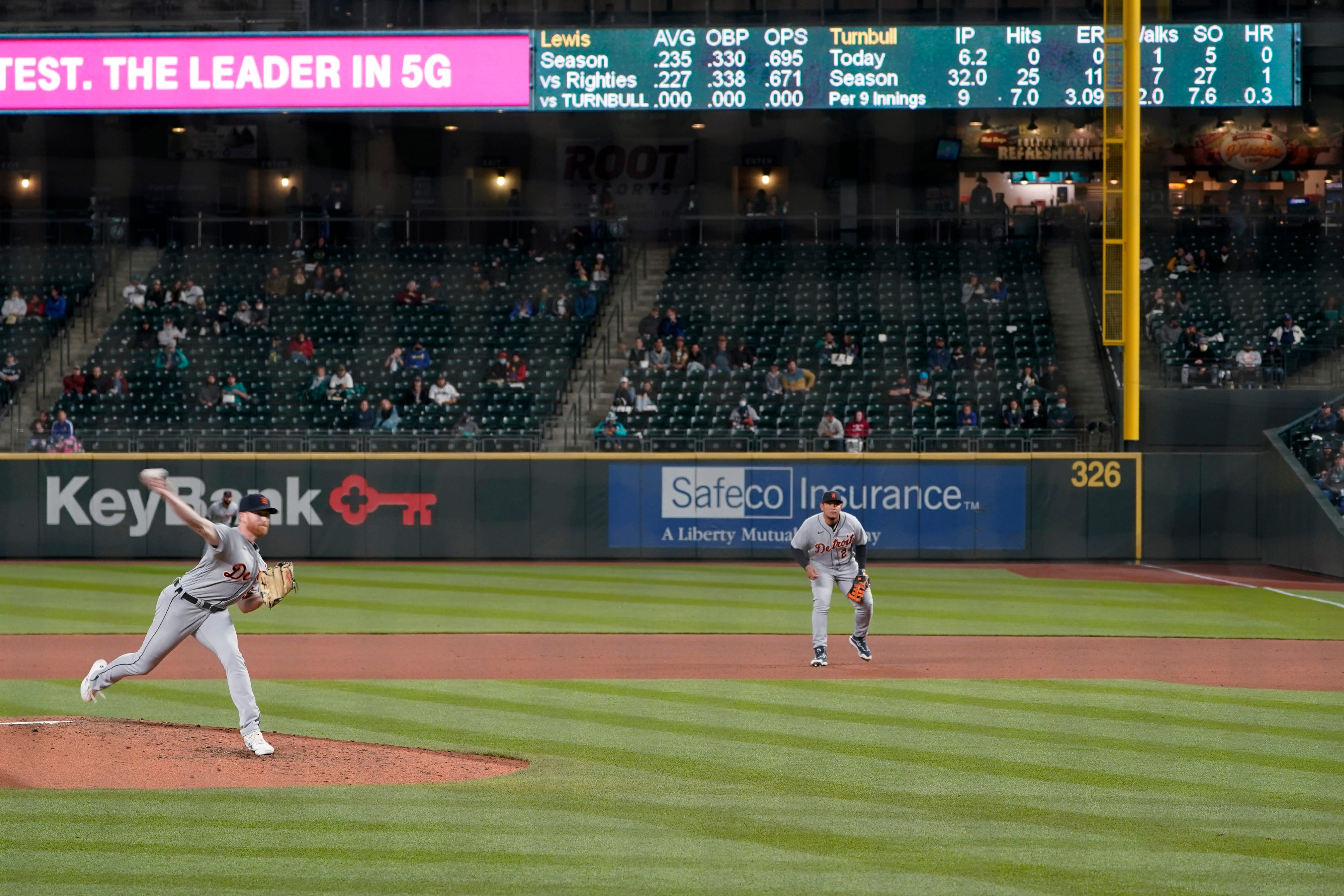 Detroit Tigers starting pitcher Spencer Turnbull throws to a Seattle Mariners batter during the seventh inning.