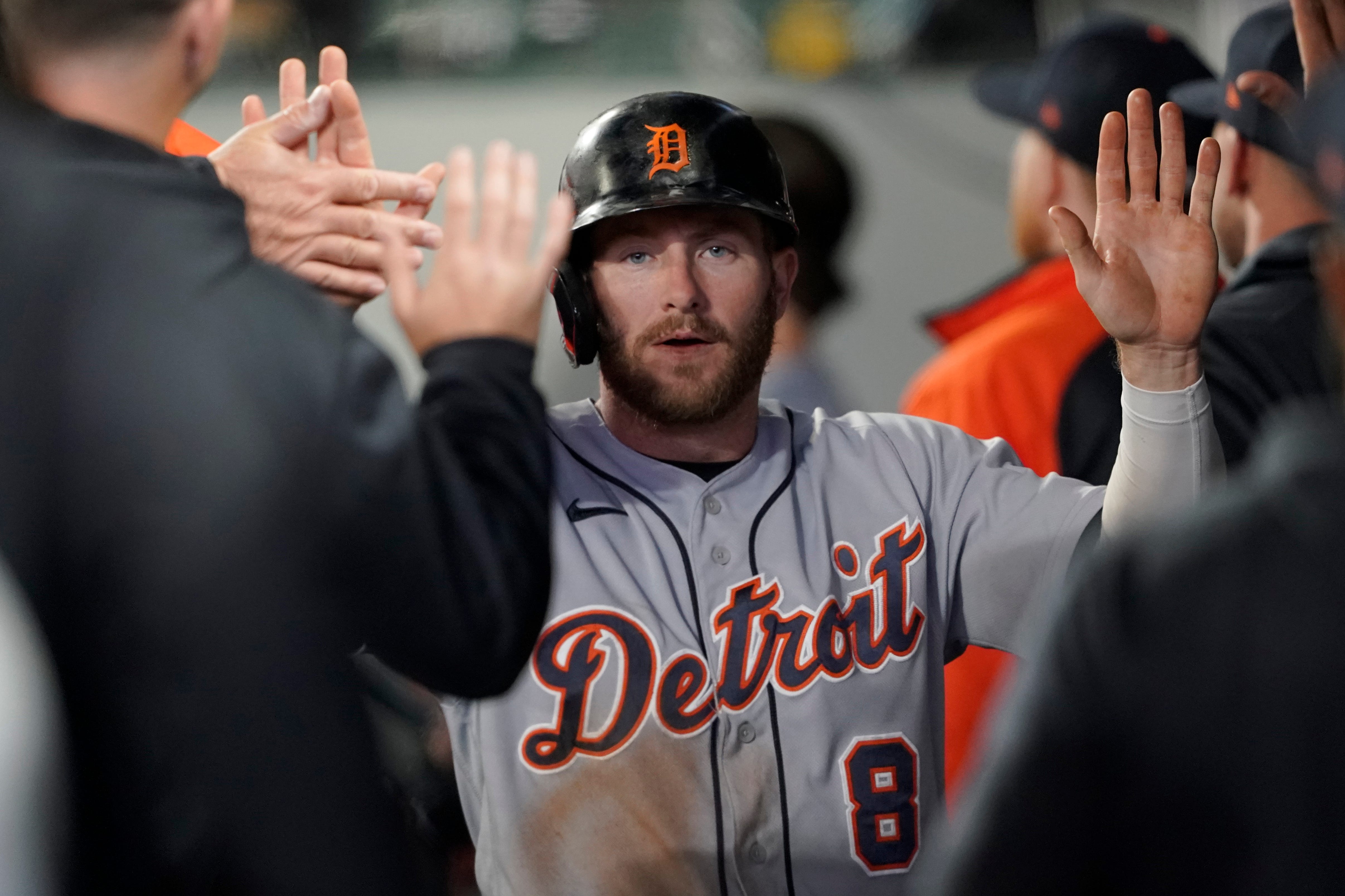 Detroit Tigers' Robbie Grossman is greeted in the dugout after he scored on a groundout by Jeimer Candelario during the third inning.