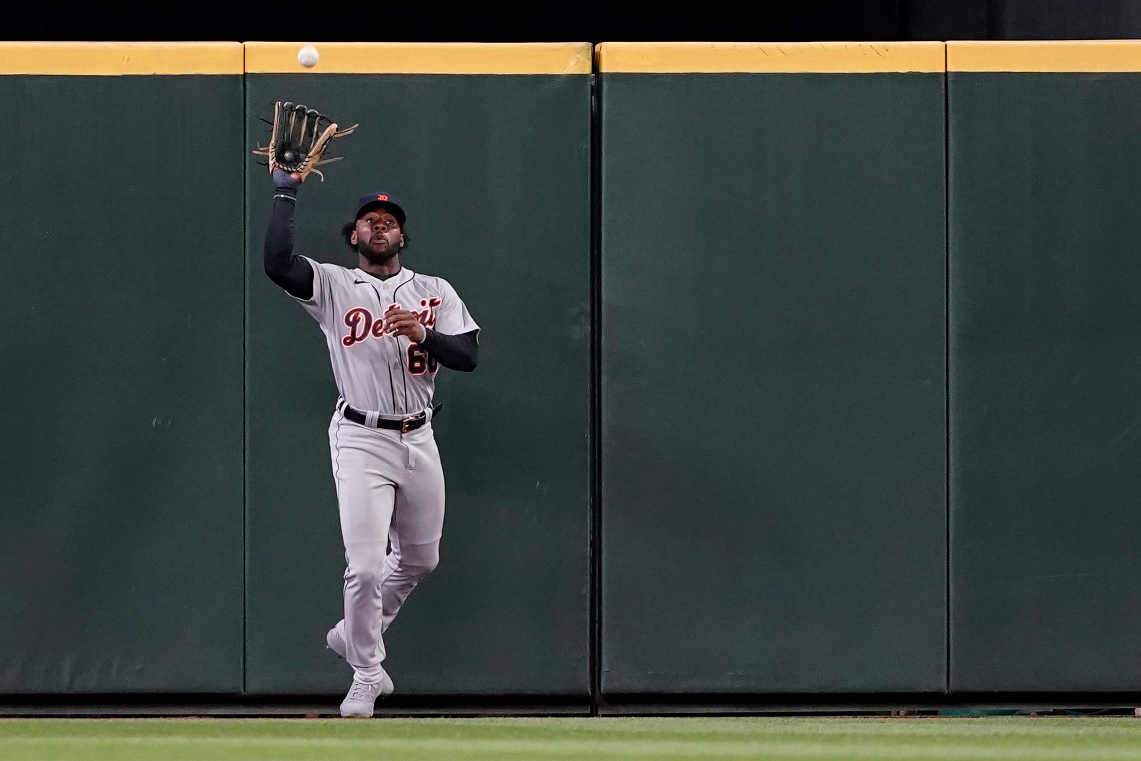 Detroit Tigers center fielder Akil Baddoo catches a deep fly hit by Seattle Mariners' Mitch Haniger during the fourth inning.