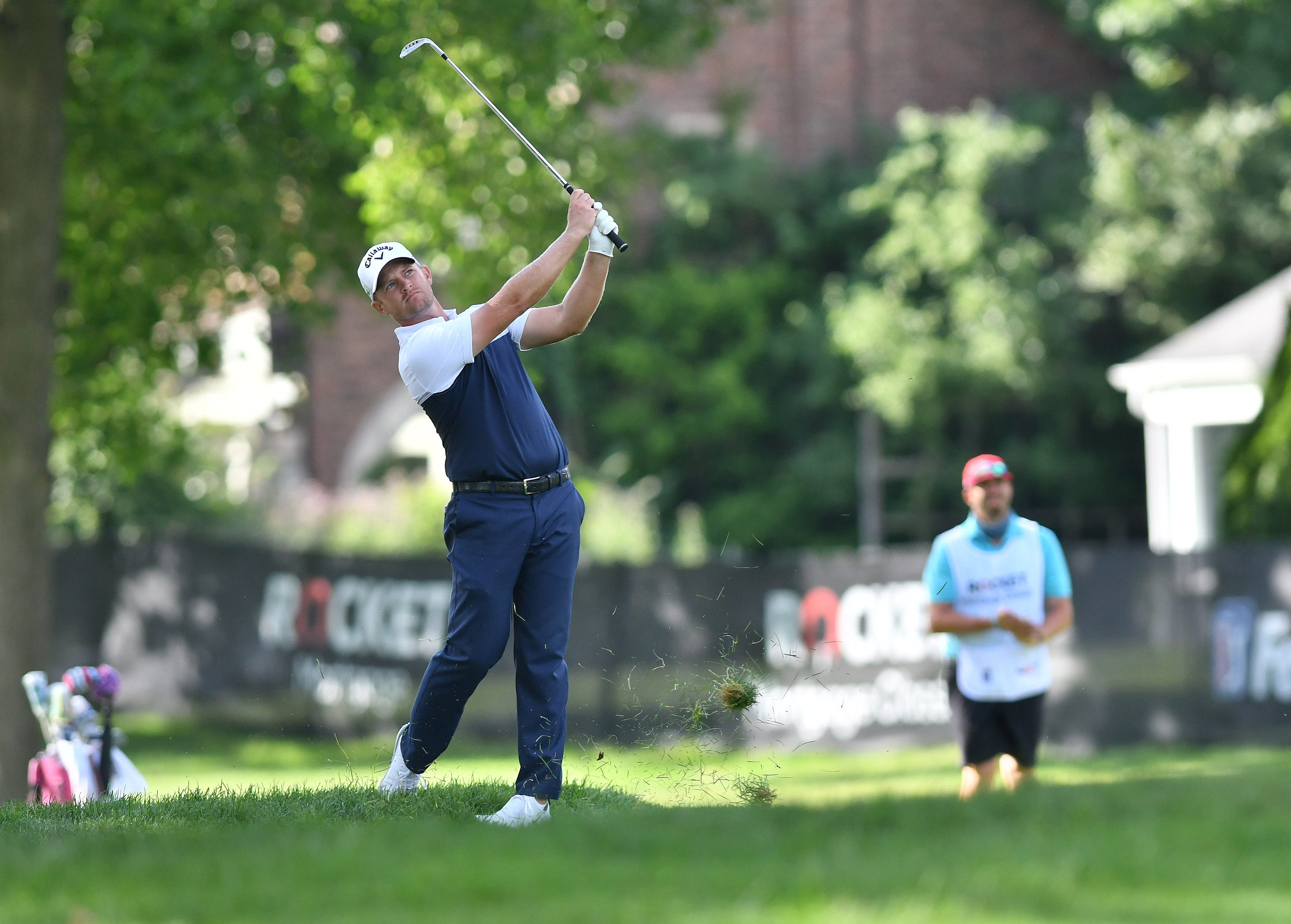Tom Lewis hits on the eighth fairway during Round 2 of the Rocket Mortgage Classic on Friday, July 2, 2021, at Detroit Golf Club.