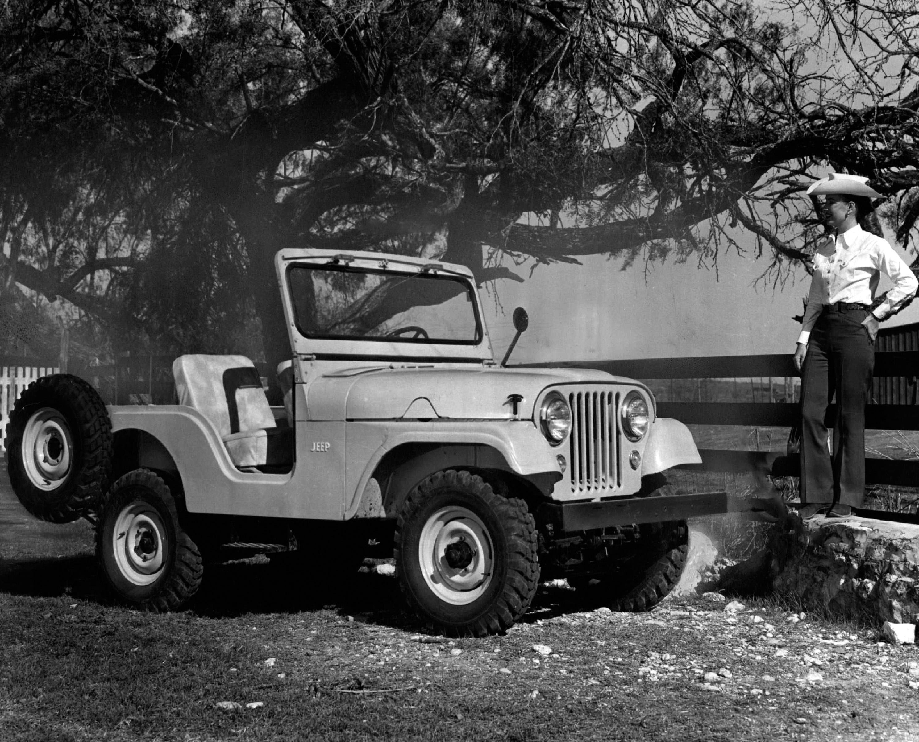 The '55 Civilian Jeep. A new version of the famed Willys Overland Models jeep, known as Model CJ-5. The vehicle was powered by the 75 horsepower Willys engine in combination with four-wheel drive.