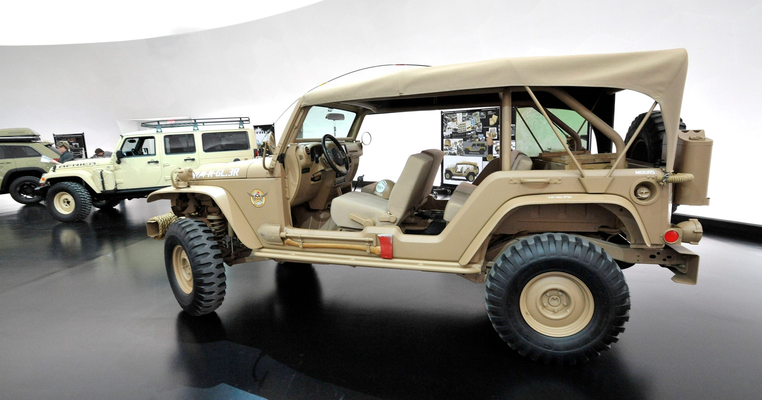 The Jeep Staff Car, one of seven Jeep concept vehicles built with Mopar and Jeep Performance Parts, was unveiled on March 19, 2015, in preparation for the annual Easter Jeep Safari in Moab, Utah.