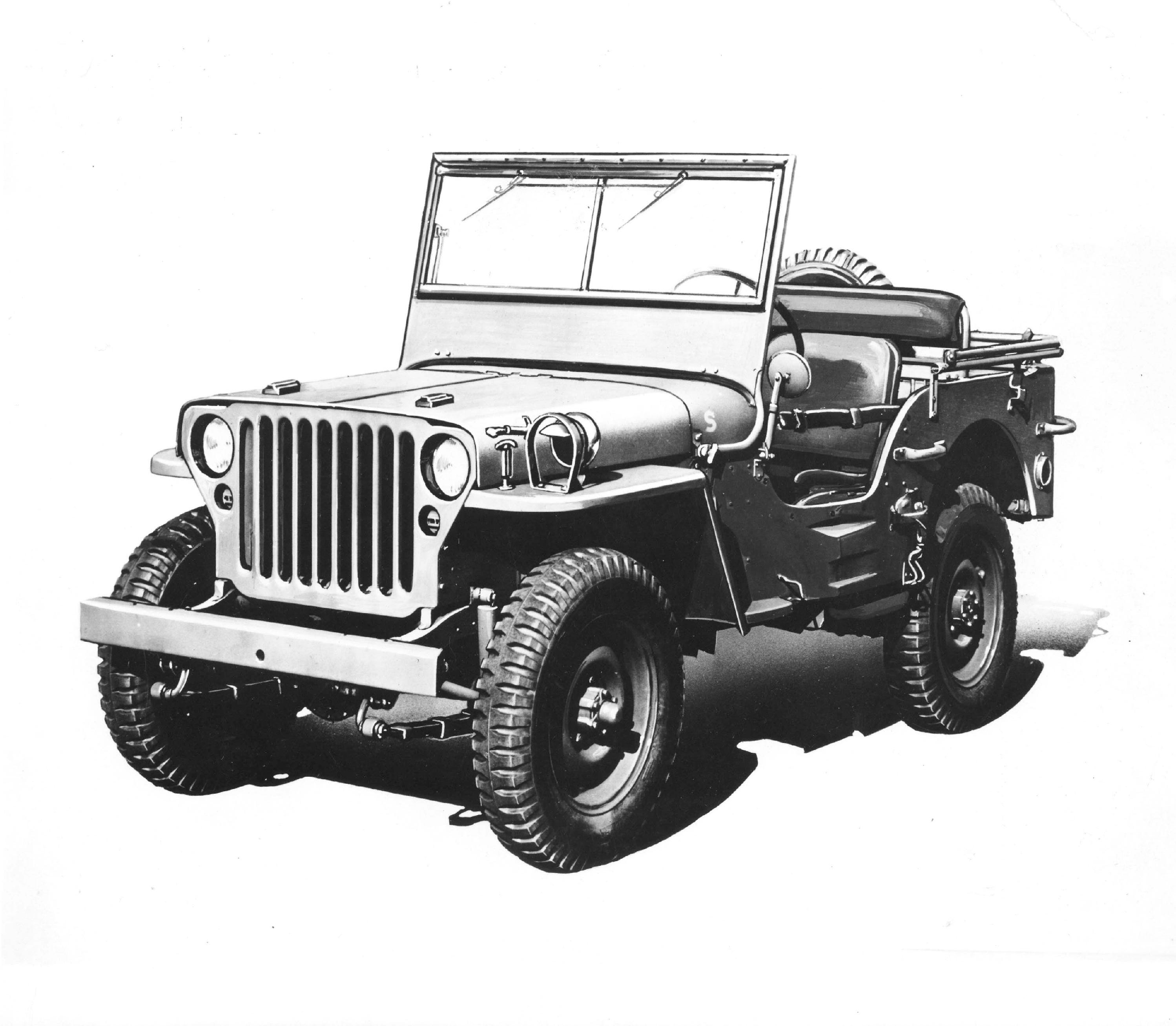 1941-1945 Willys-Overland MB: The Willys Quad and the MA were early prototypes that led to the production of the Overland MB. However, the Army, and the world, came to know it as the Jeep¨. Willys-Overland would build more than 368,000 vehicles, and under license, Ford Motor Company built some 277,000, for the U.S. Army. The rugged, reliable olive-drab vehicle would forever be known for helping win a world war. Willys trademarked the ÒJeepÓ name after the war and planned to turn the vehicle into an off-road utility vehicle for the farm Ð the civilian Universal Jeep. One of Willys' slogans at the time was, ÒThe Sun Never Sets on the Mighty Jeep,Ó and the company set about making sure the world recognized Willys as the creator of the vehicle.