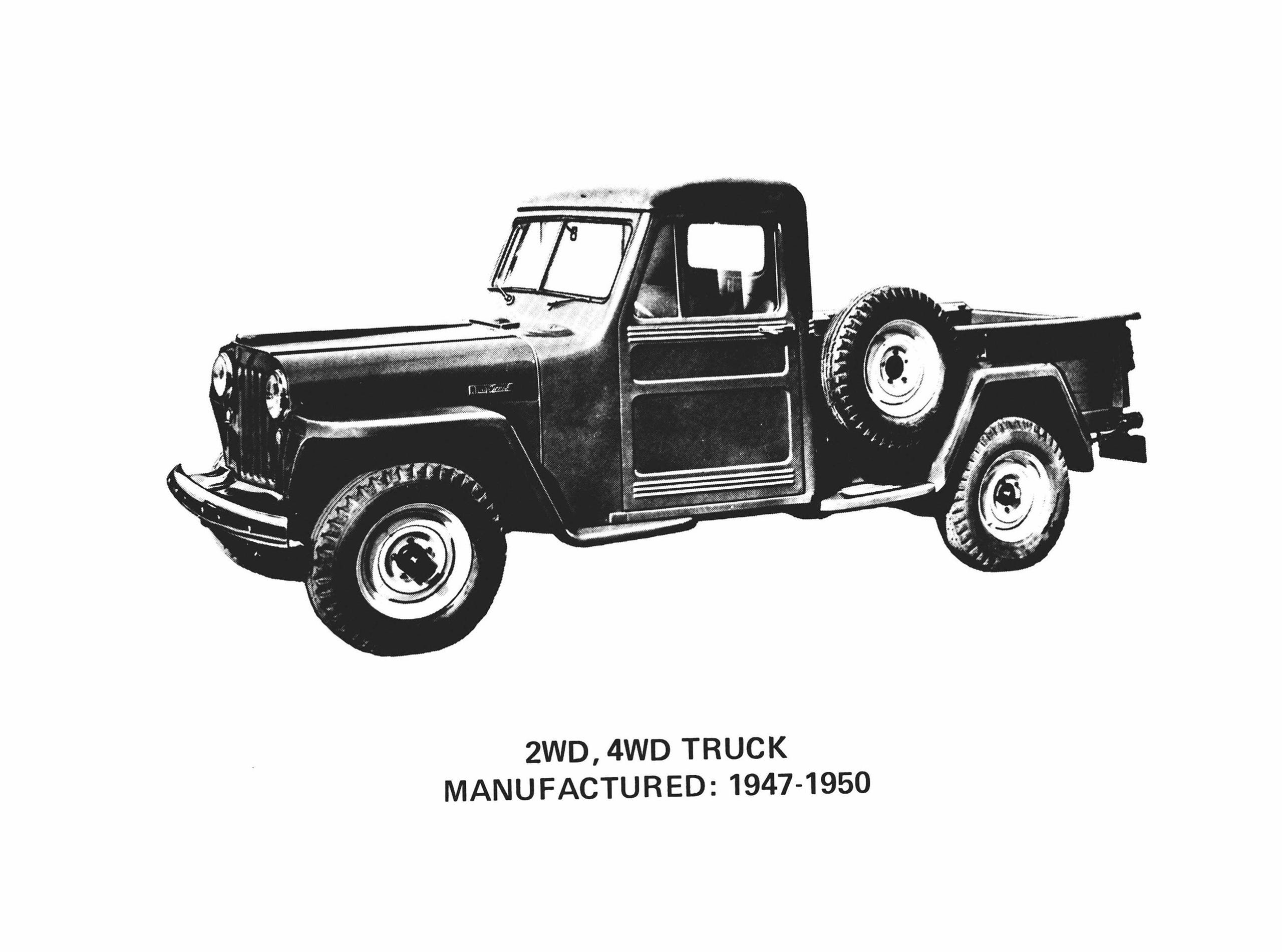 This is an illustration of a 1947 Jeep Pickup. Two-wheel-drive and four-wheel-drive versions were manufactured from 1947-50.