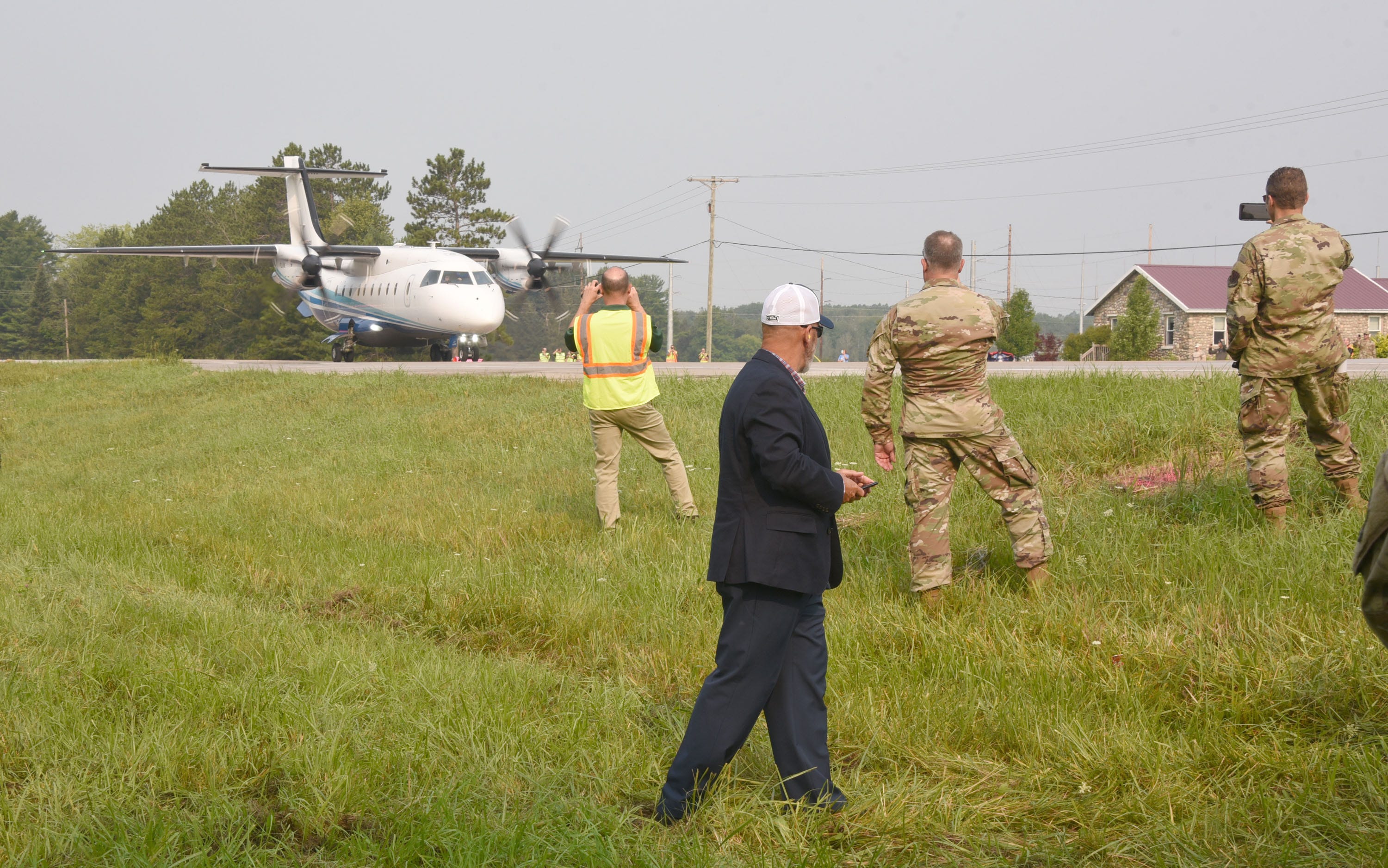 A military prop aircraft C-146 prepares to take off on highway M-32 west of Alpena Thursday, August 5, 2021. Four separate aircraft practiced landing on the closed highway, practicing fo war-readiness training during Operation Northern Strike.