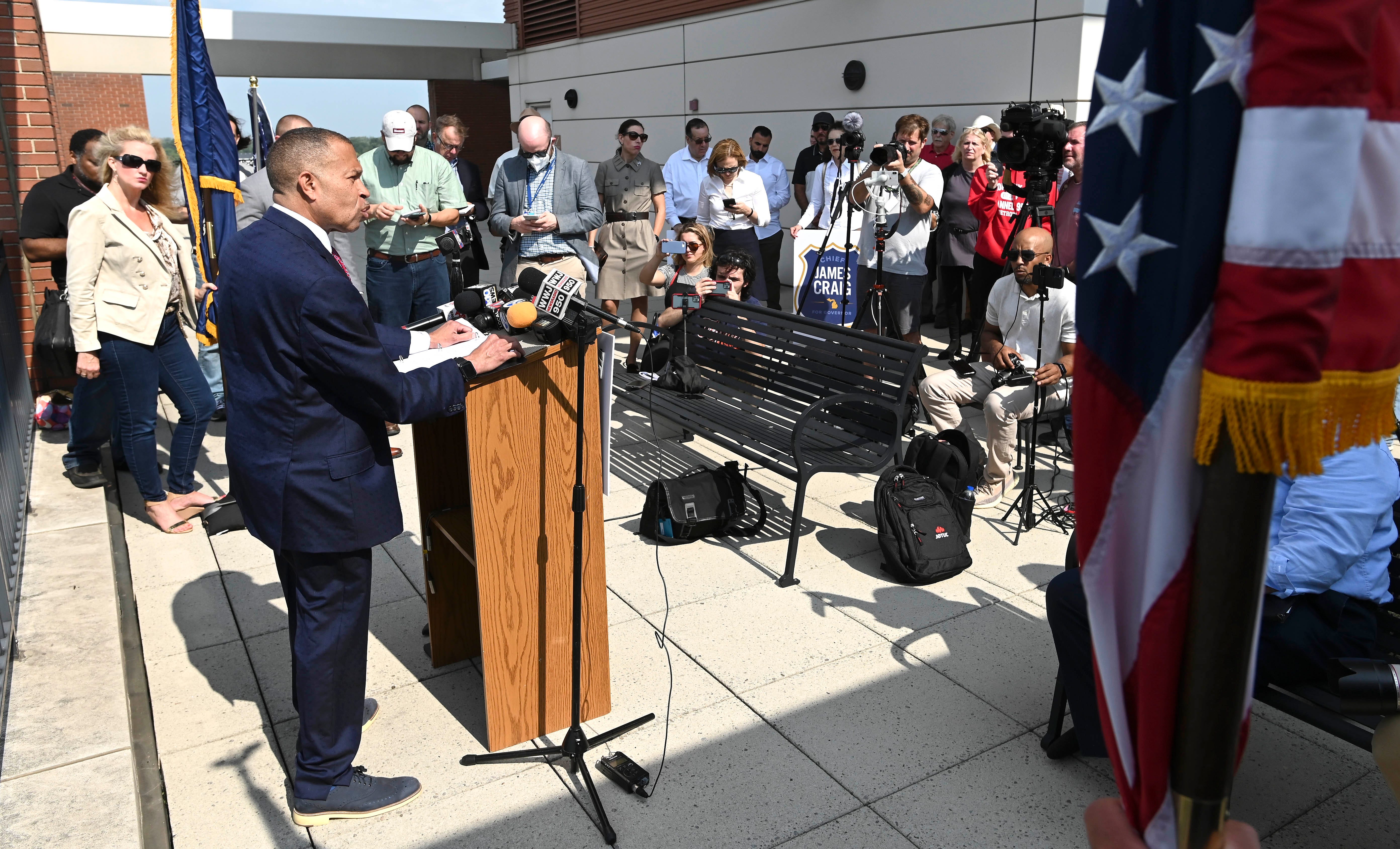 Former Detroit Police Chief James Craig announcing his Republican candidacy for Michigan governor in front of supporters and the media on the eighth floor of the Icon building, formerly the UAW-GM Center for Human Resources, in Detroit, Tuesday afternoon, September 14, 2021. \