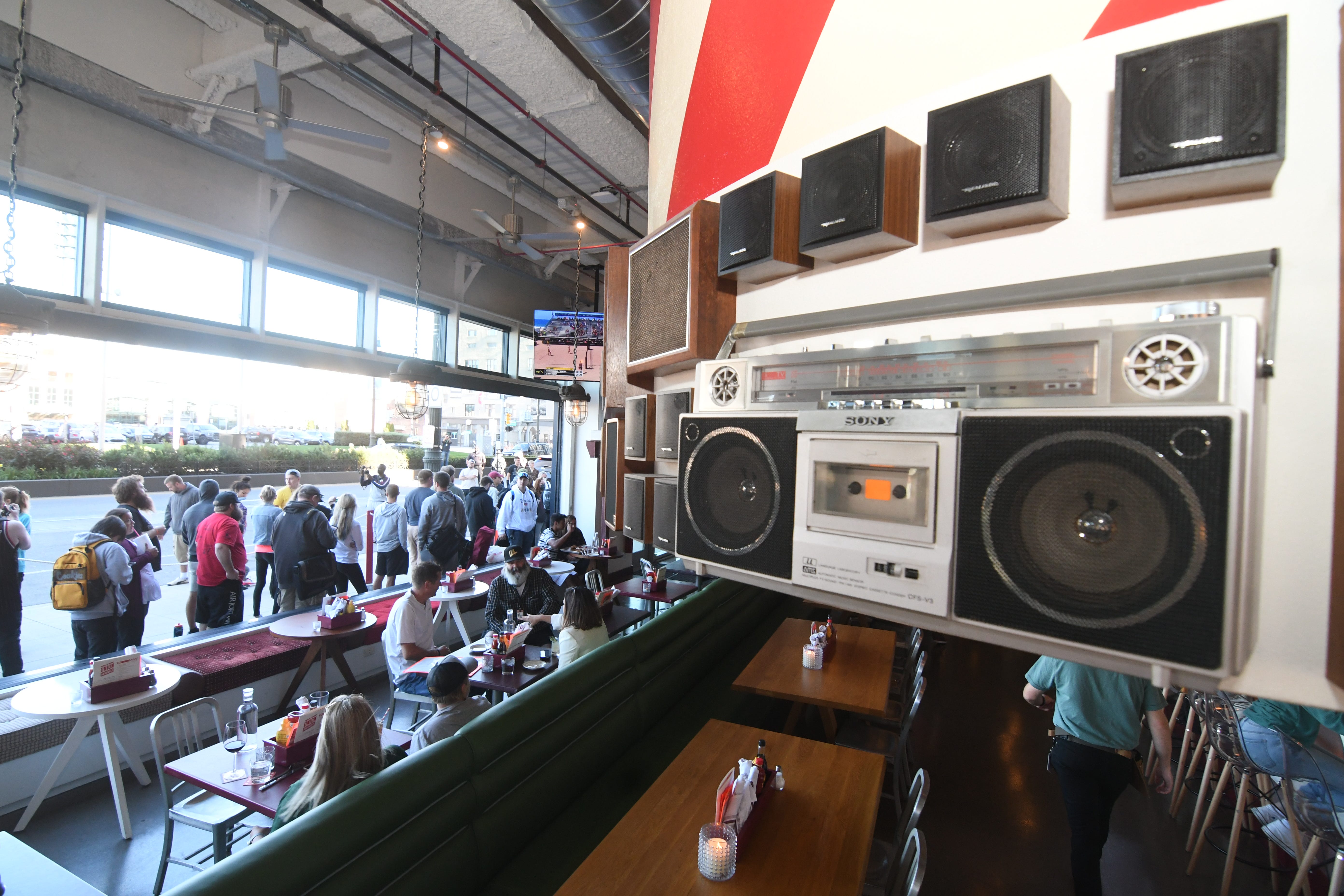Vintage boomboxes are seen at the Union Assembly restaurant where people wait in line to get Mom's Spaghetti, Wednesday, September 29, 2021.