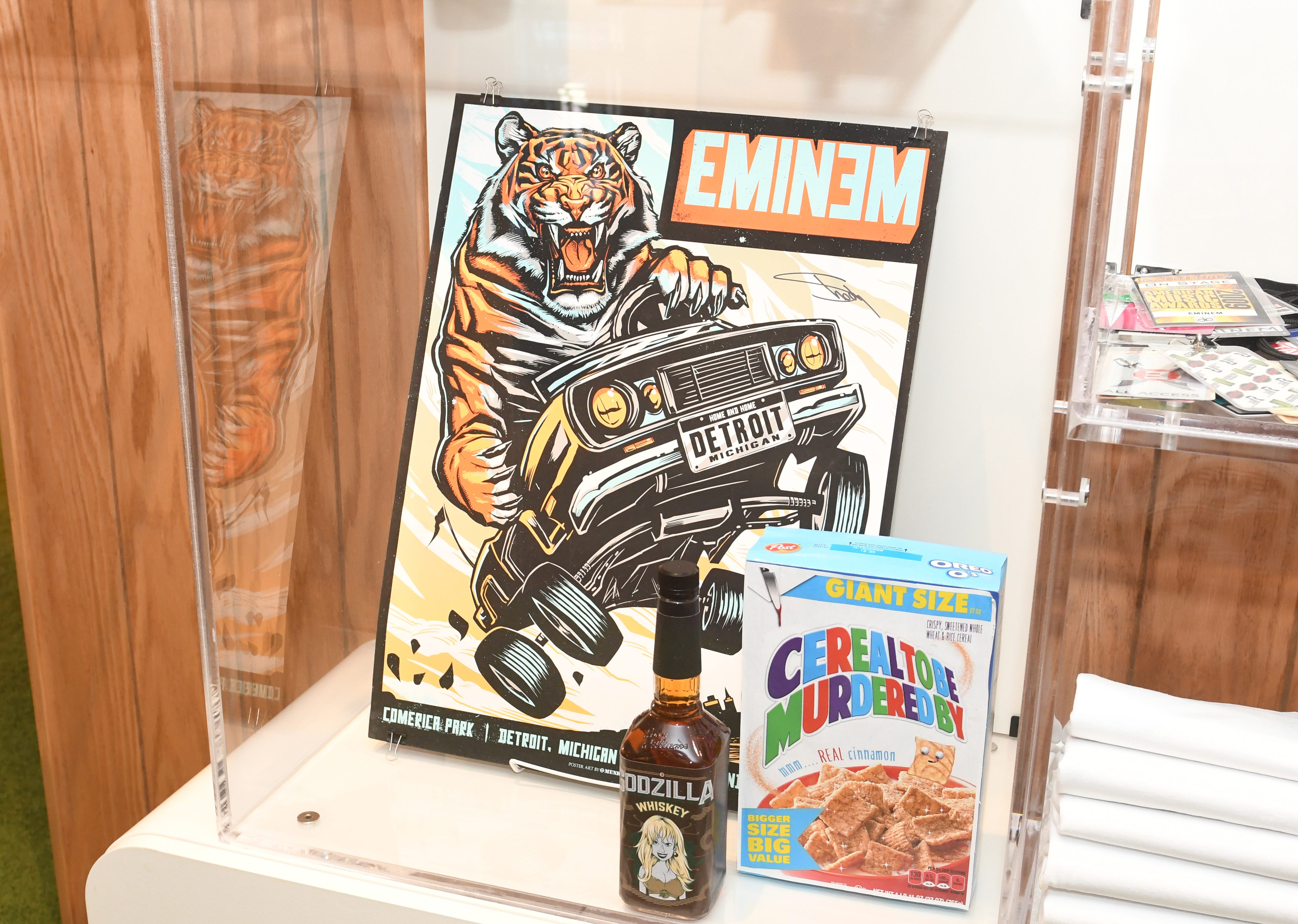 Memorabilia from Eminem is seen inside The Trailer retail shop at Mom's Spaghetti.