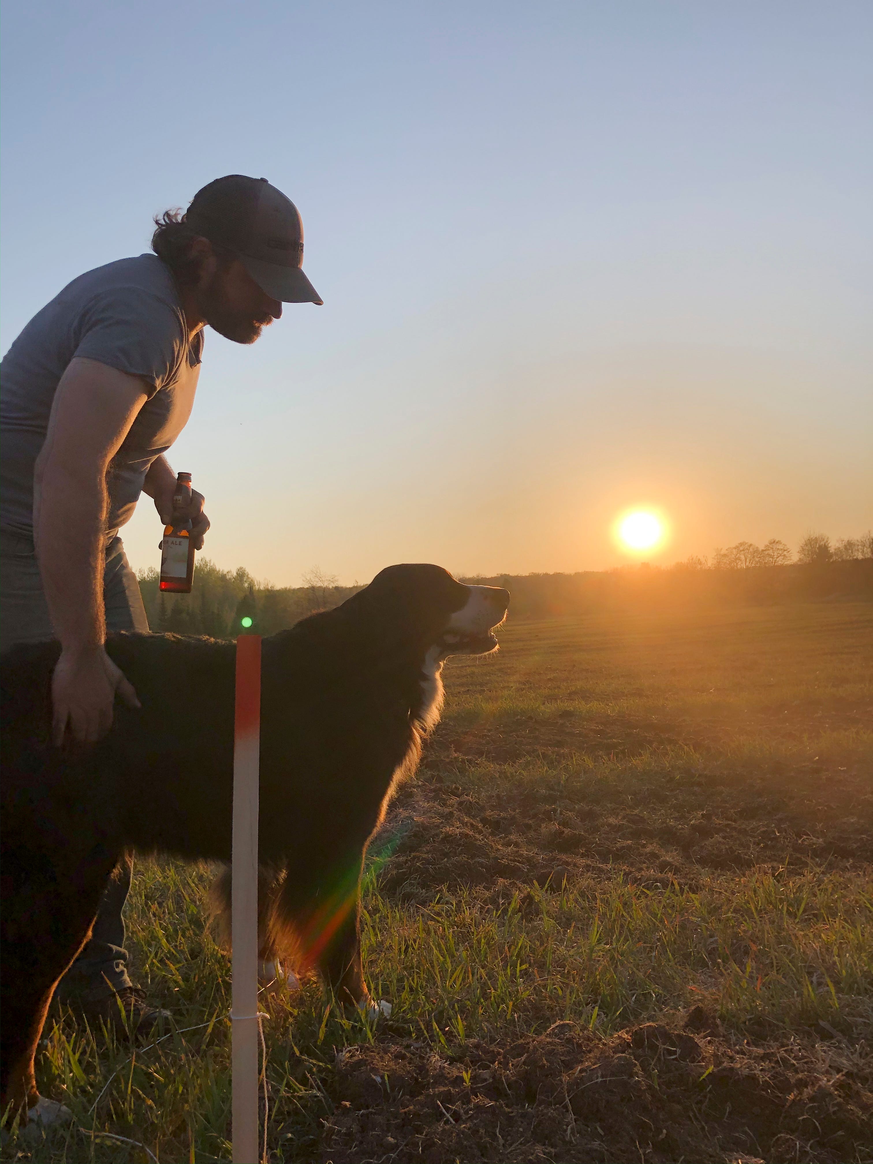 Adam and farm dog Baker enjoy a peaceful moment after finishing the preparartion of 43 rows for vines on Beaver Island.
