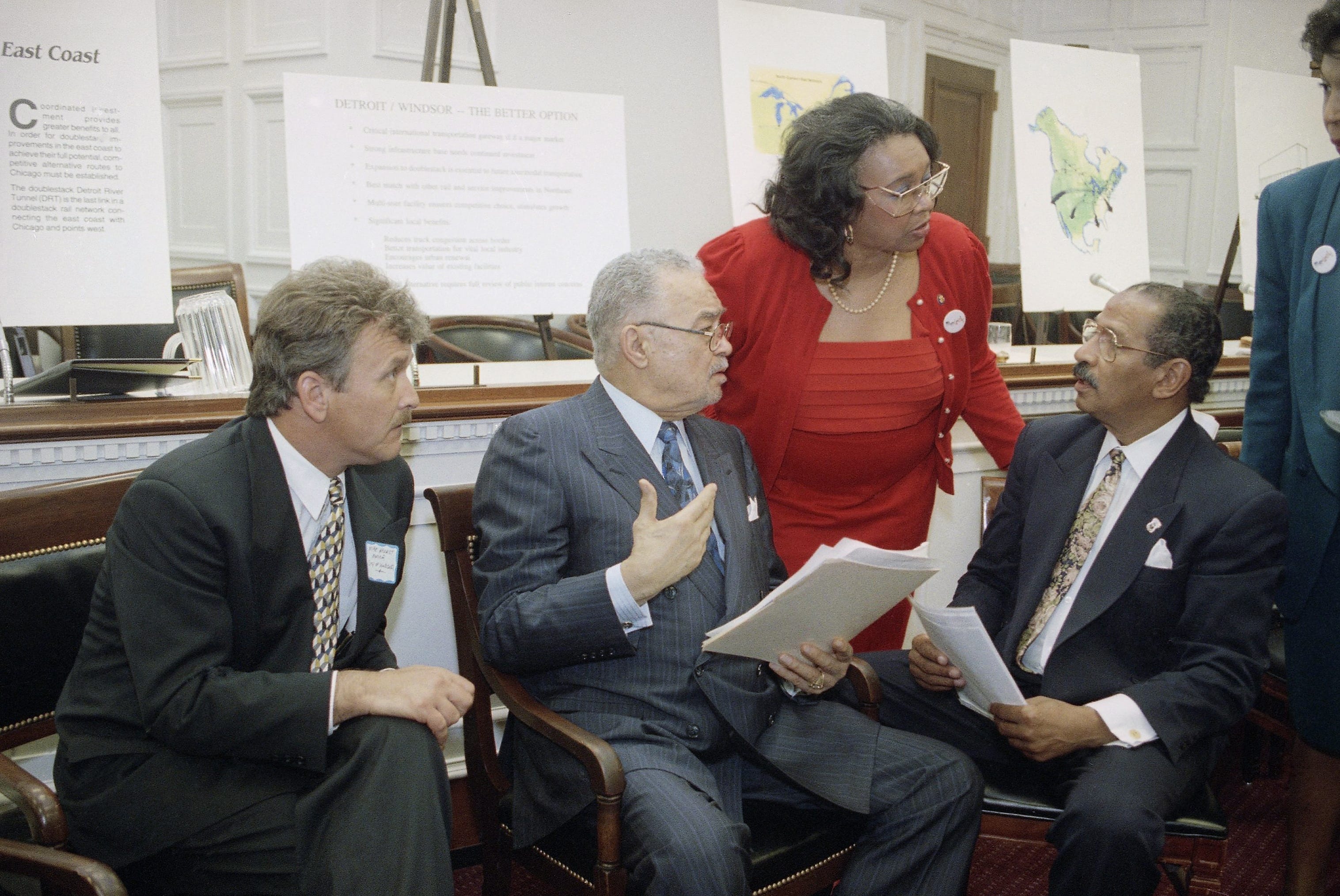 From left are Windsor, Ontario Mayor Mike Hurst; Detroit Mayor Coleman Young; U.S. Rep. Barbara-Rose Collins; and Rep. John Conyers, Jr., meeting on Capitol Hill in Washington on May 6, 1993. Young lobbied lawmakers against a train tunnel planned between Port Huron and Sarnia, Ontario. Collins died at the age of 82 on Thursday, Nov. 4, 2021, her family announced in a statement. She was the first Black woman from Michigan elected to Congress.