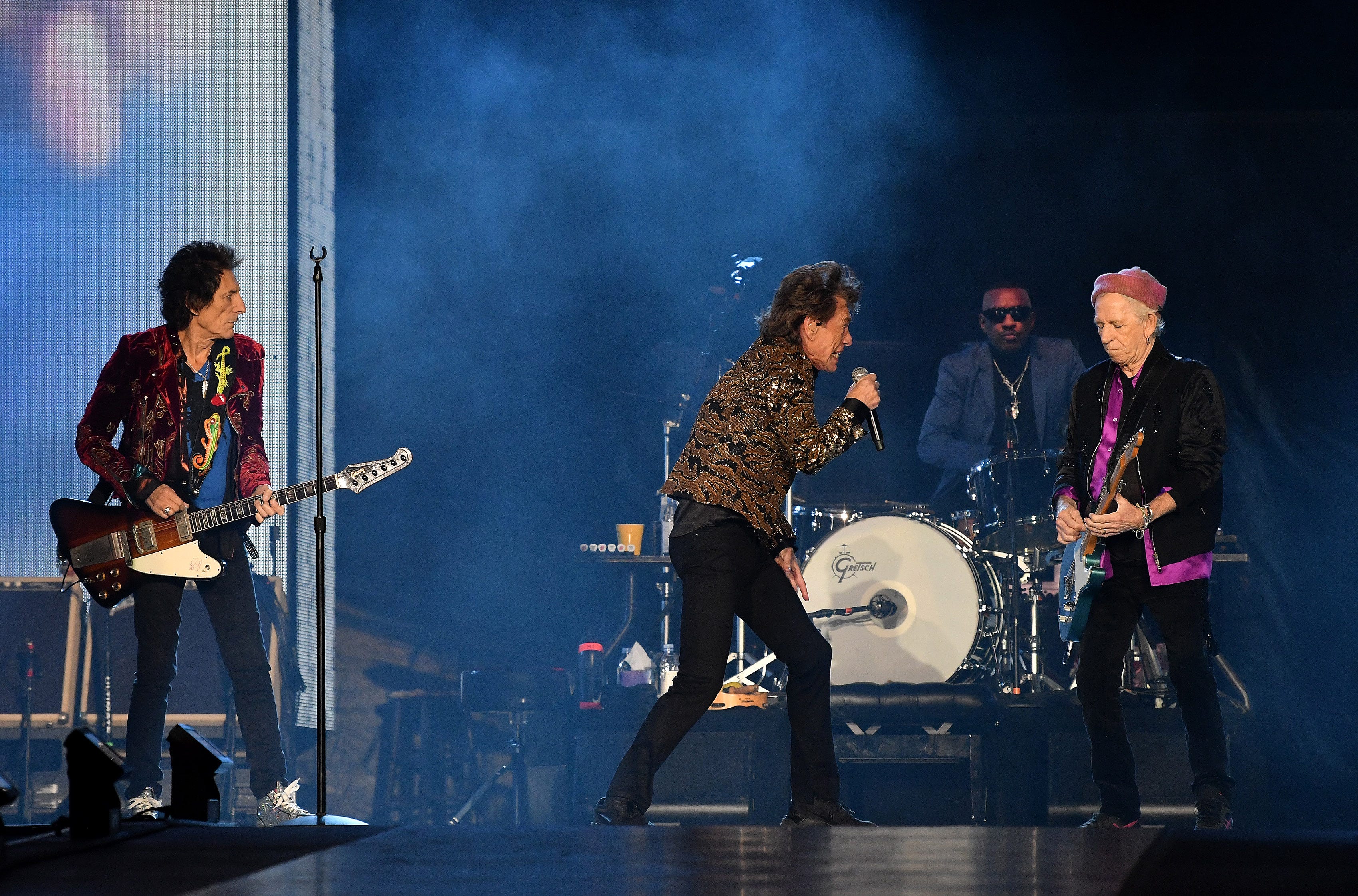 The Rolling Stones Ronnie Wood, left, Mick Jagger, Keith Richards and new drummer Steve Jordan, rear, take the stage at Ford Field.