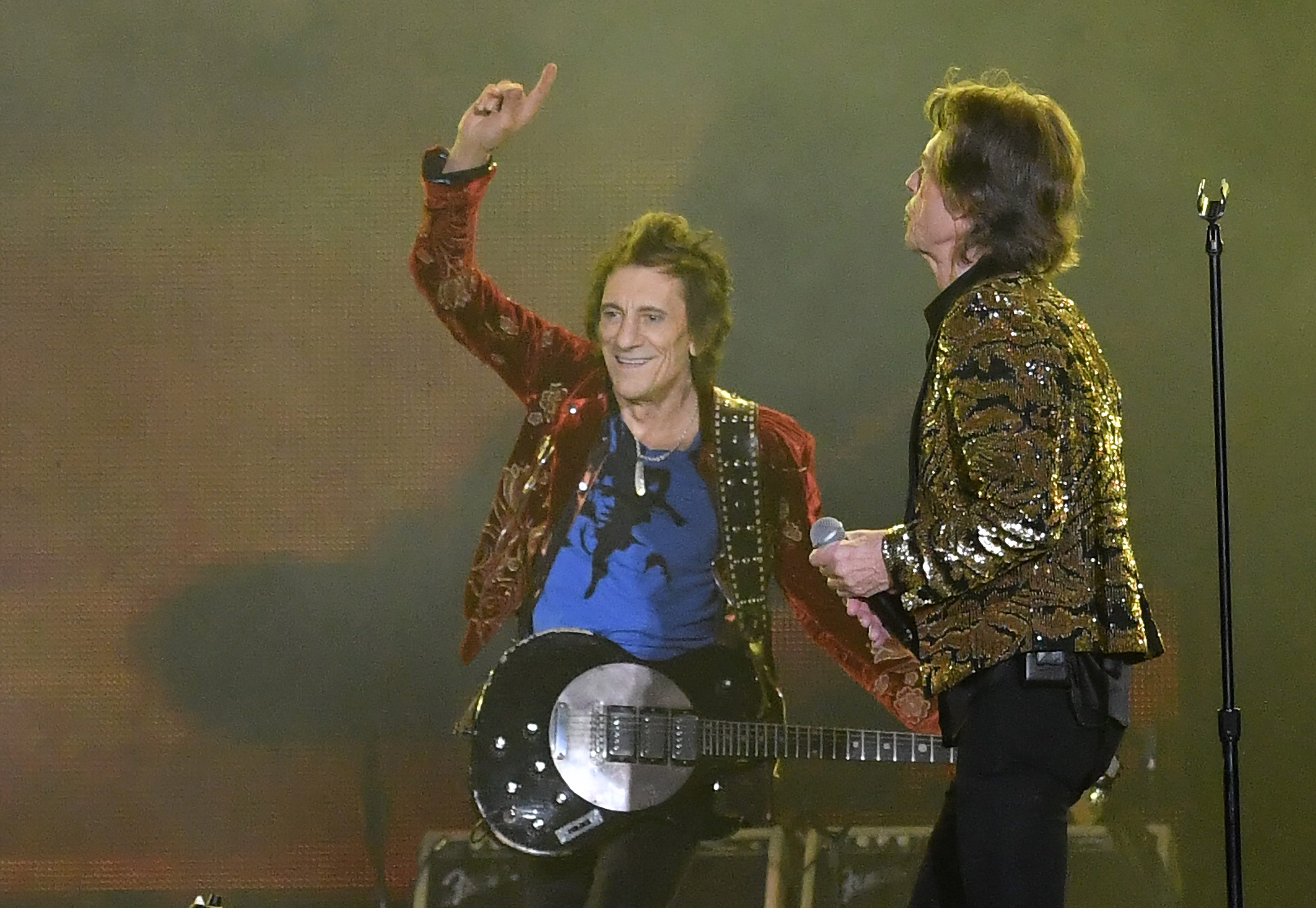 From left, Ronnie Wood and Mick Jagger of The Rolling Stones.
