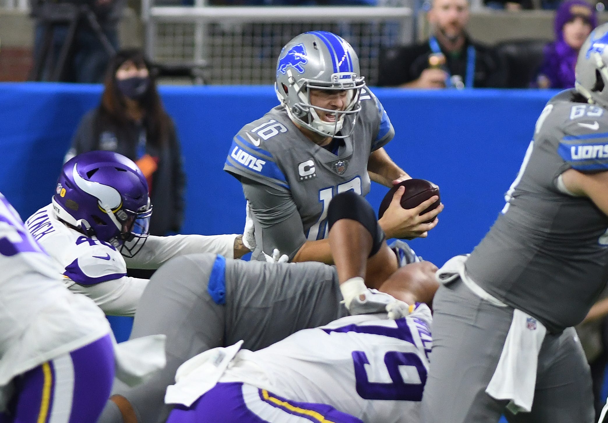 Lions quarterback Jared Goff is sacked by Vikings Blake Lynch in the third quarter.