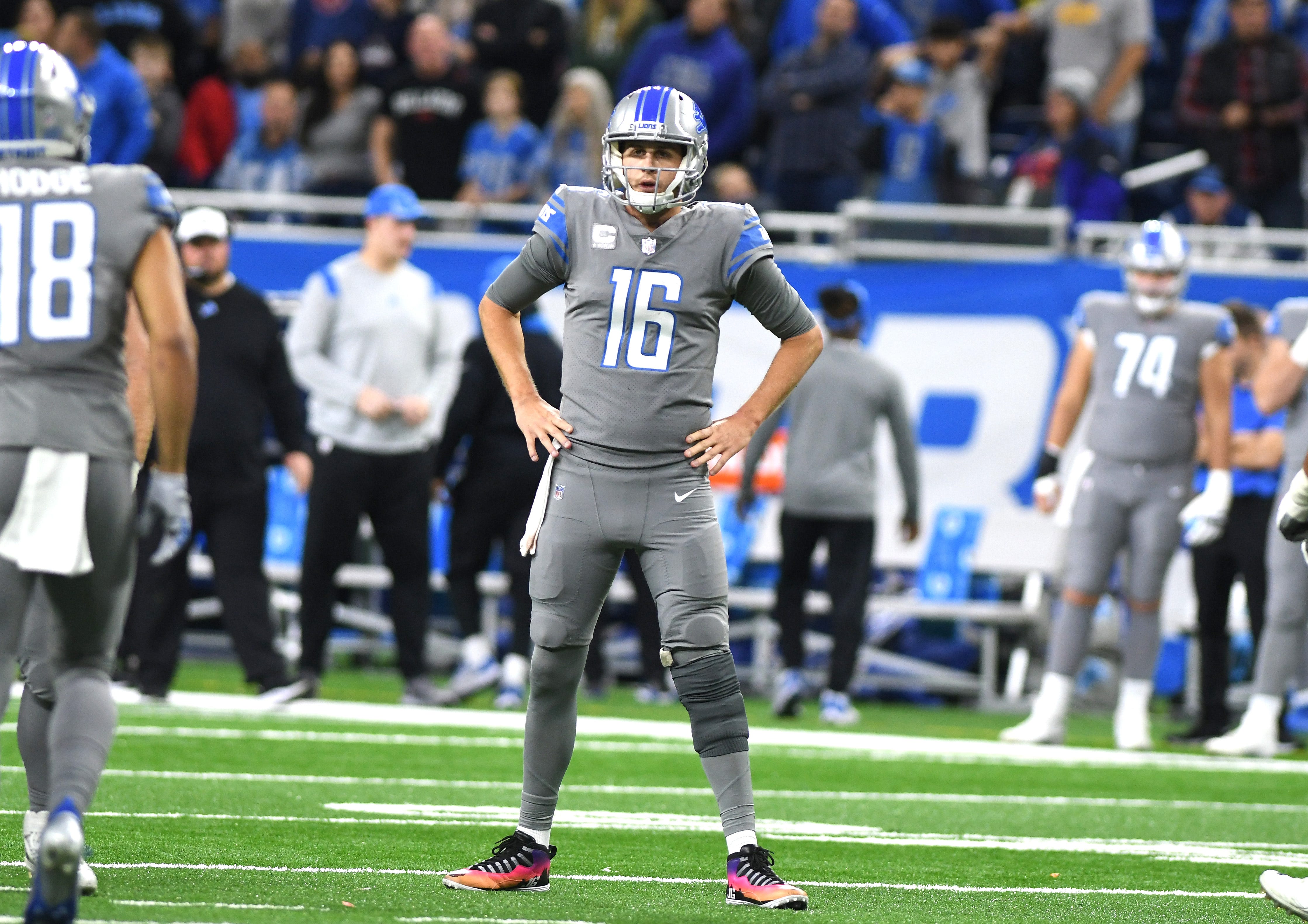 Lions quarterback Jared Goff picks up a delay of game penalty late in the froth quarter.