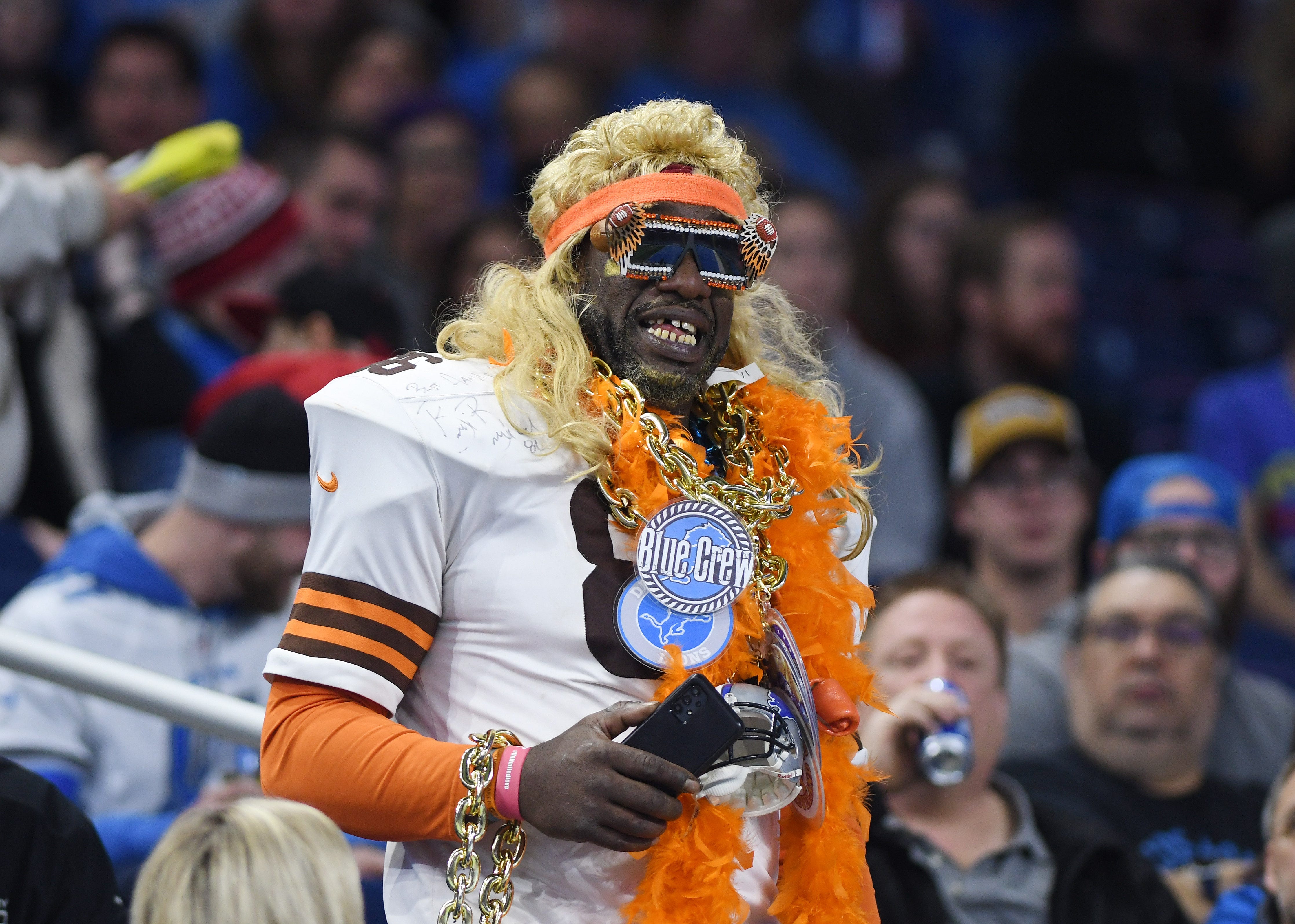 A confused Browns fan in the stands at the Detroi Lions, Minnesota Vikings game in Detroit.