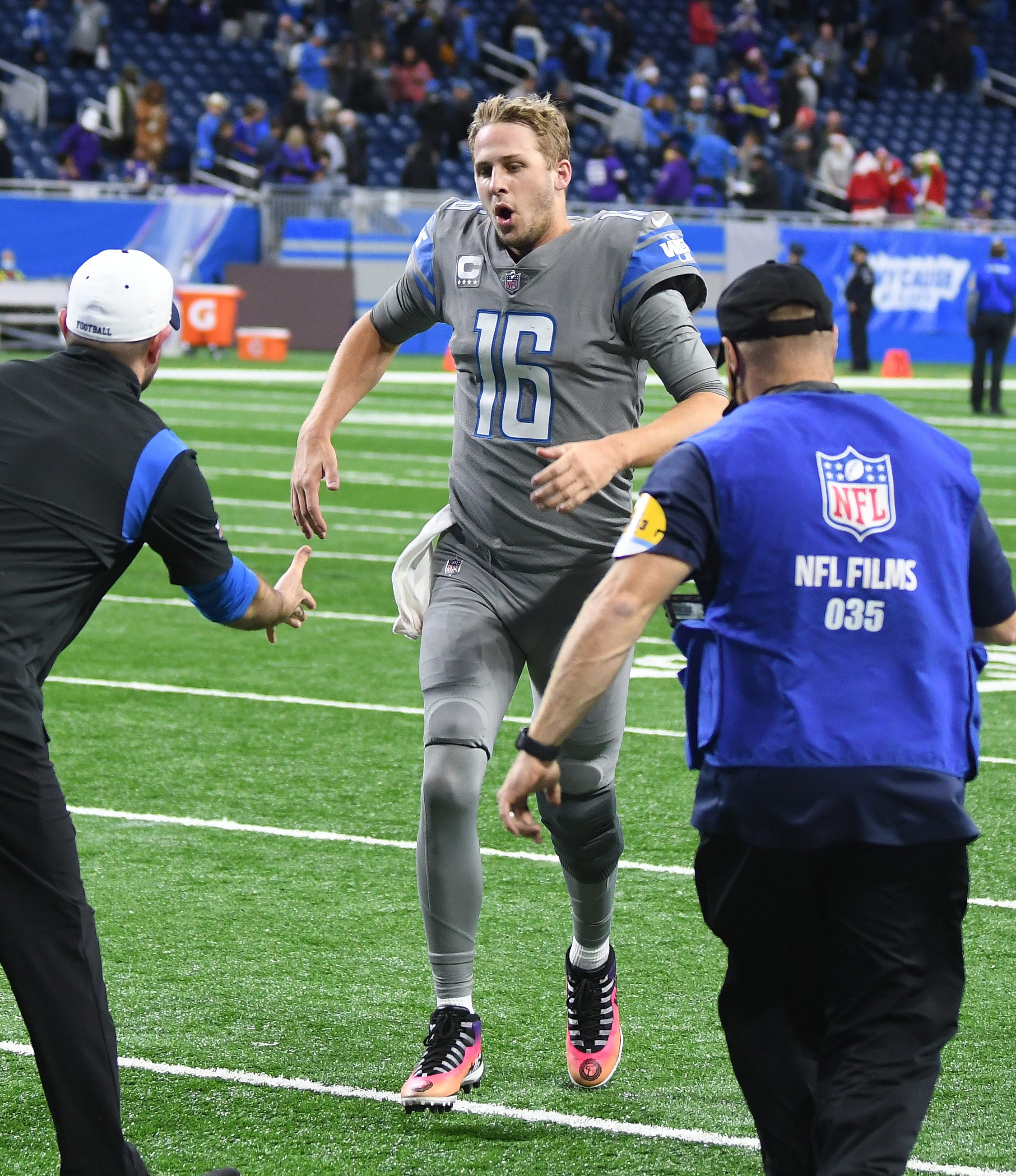 Lions quarterback Jared Goff lets out a breath as he leaves the field with Detroit's first victory of the year, 29-27 over the Minnesota Vikings.