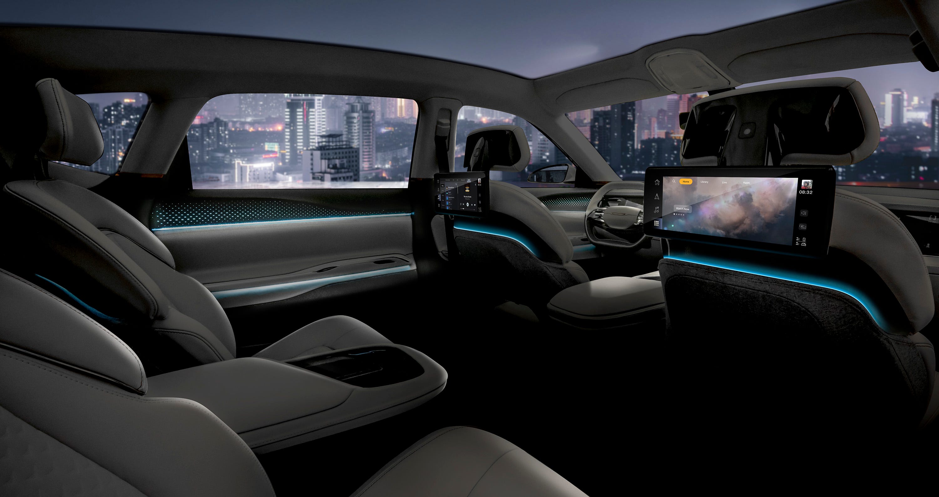 Ambient lighting in the Chrysler Airflow Concept reveals itself in direct lines, adding modernity, and syncs to the mood of the interior and changes based on the passengers’ preferences and the content on the displays.