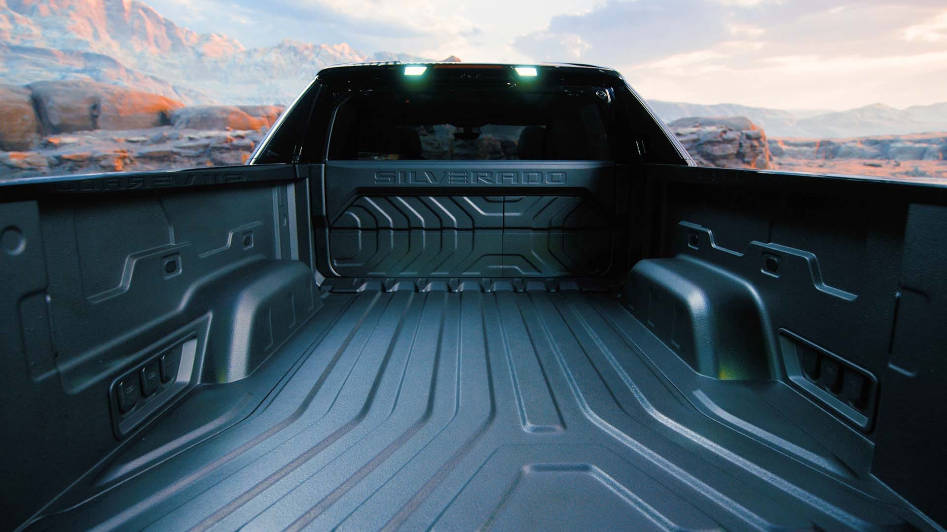 With the Multi-Flex Midgate closed, the bed of the 2024 Chevrolet Silverado EV RST is 5' 11" long.