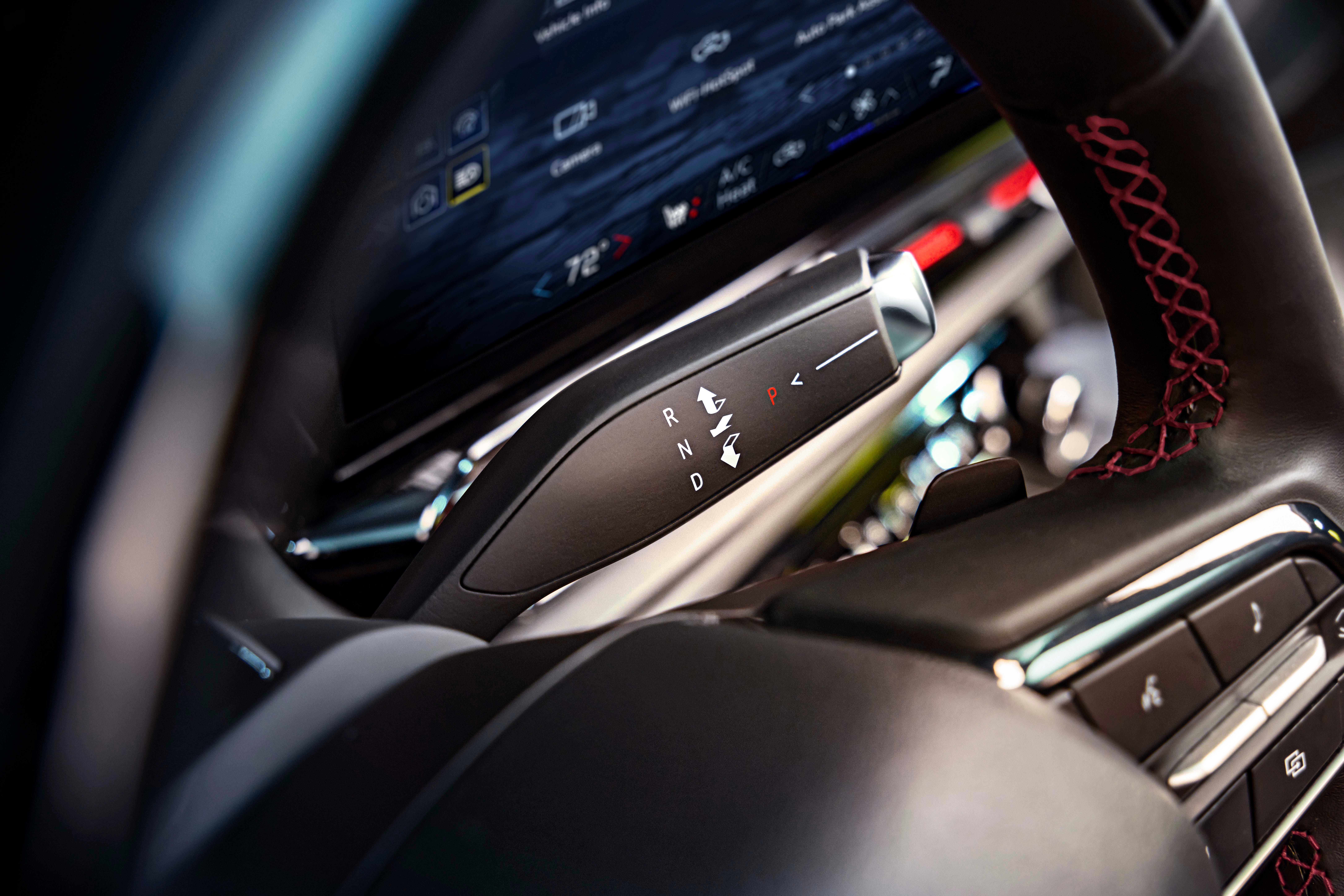 The 2024 Chevrolet Silverado EV RST has a stering-mounted, Tesla Model Y-like shifter.