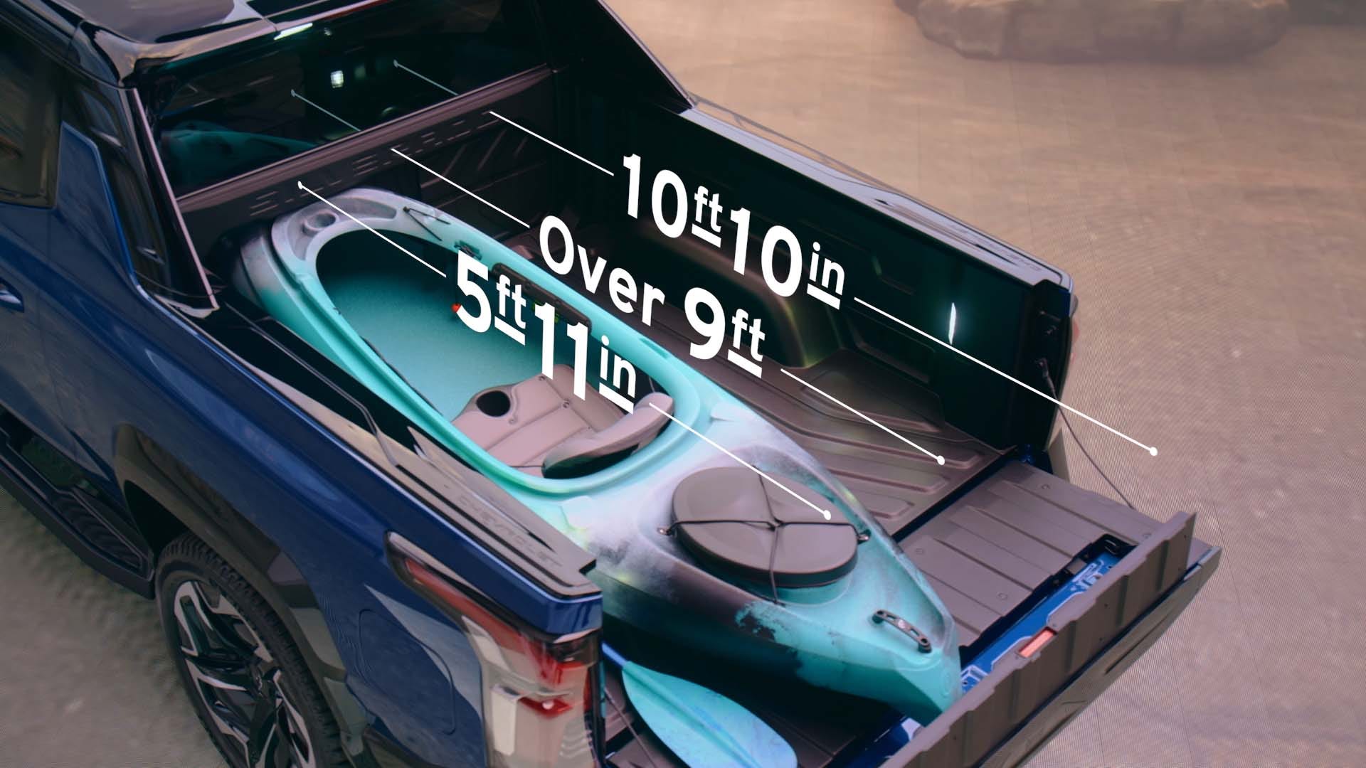 The 2024 Chevrolet Silverado EV RST comes with a Multi-Flex Midgate that extends the 5'11' bed to 9 feet when dropped - 10' 10" with the Multi-FLex Tailgate down.