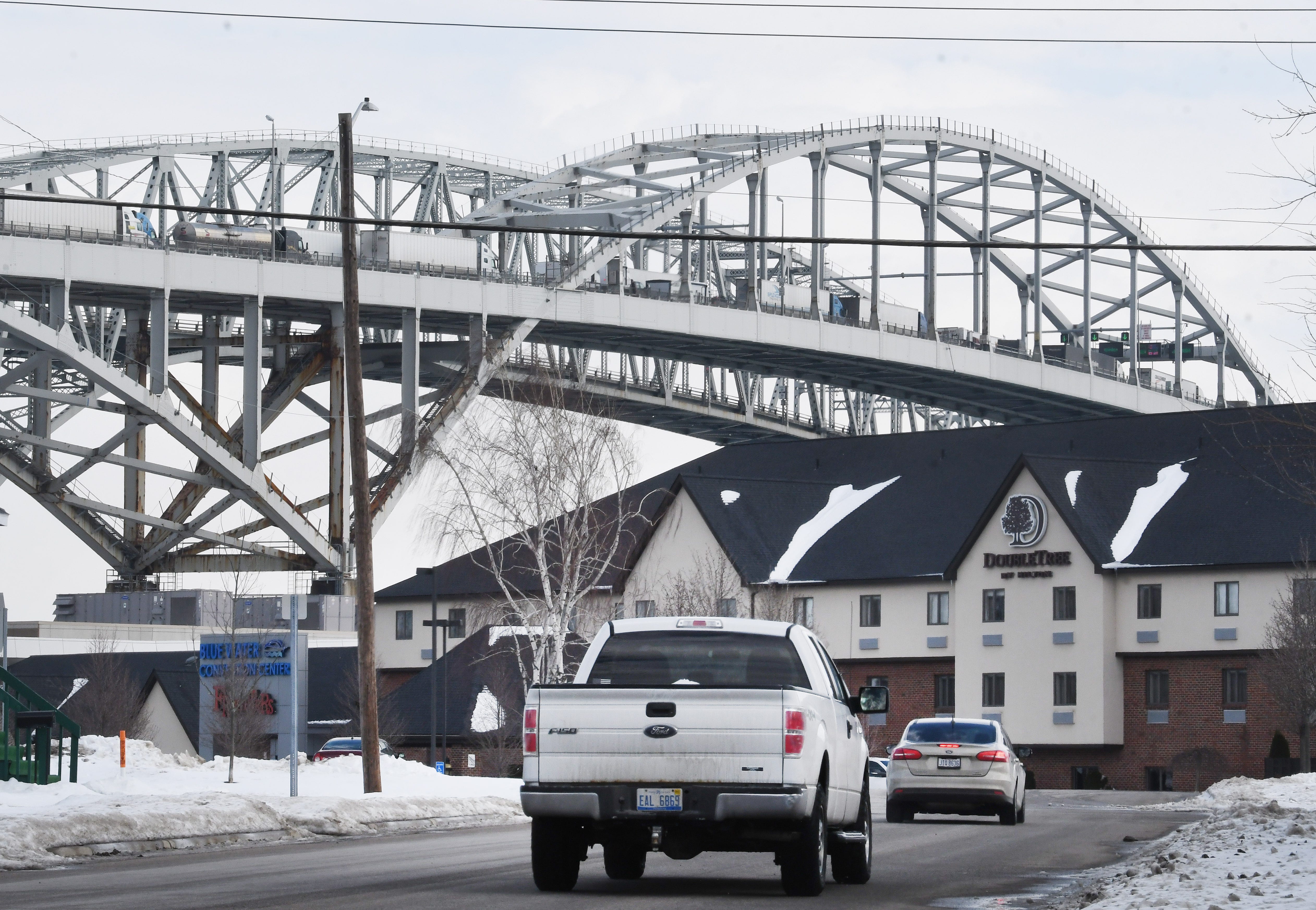 Truck traffic on the Blue Water Bridge in Port Huron, Michigan on February 9, 2022.