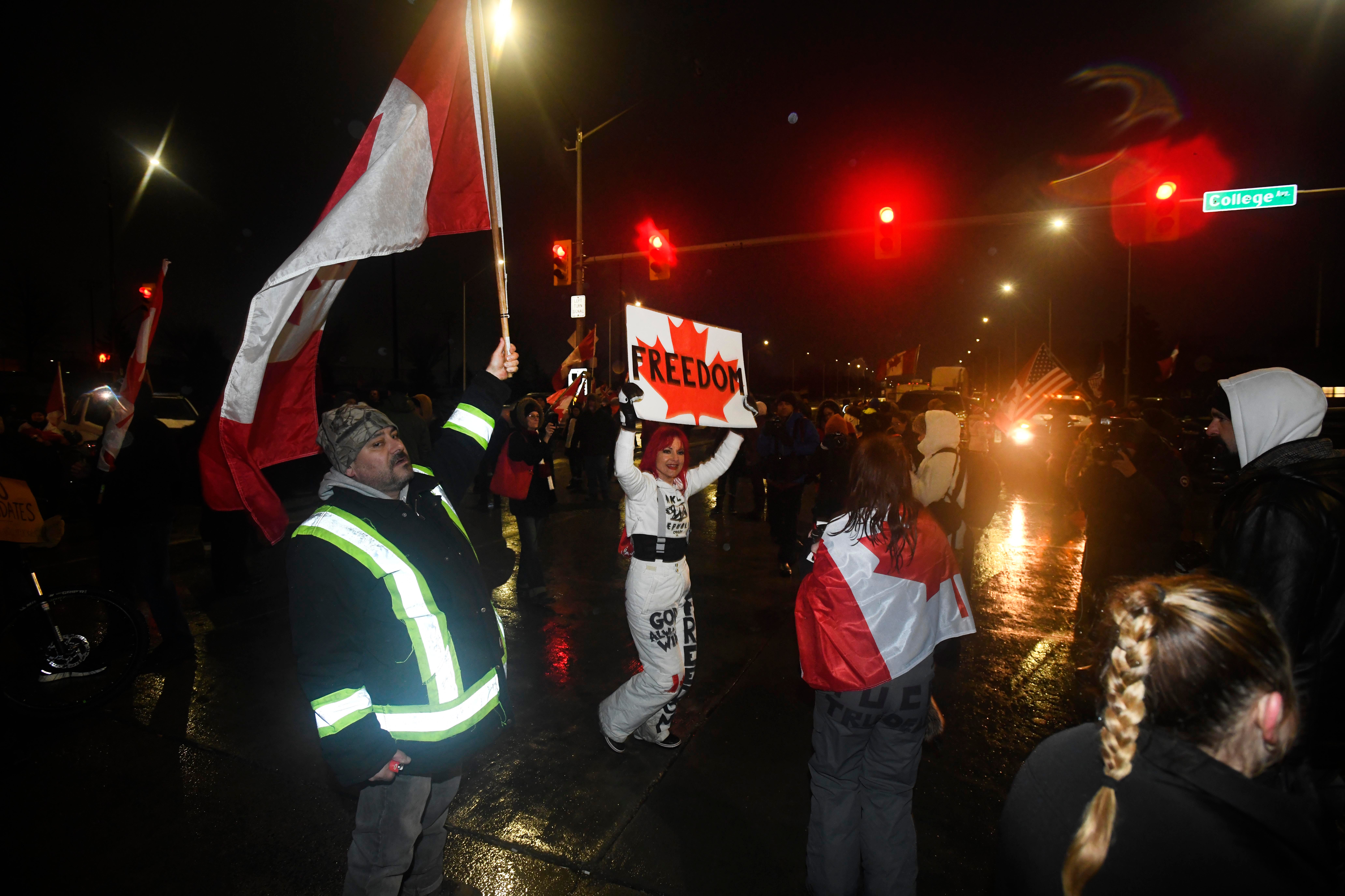 Protesters continue into the blockade in Windsor, Canada on February 11, 2022.