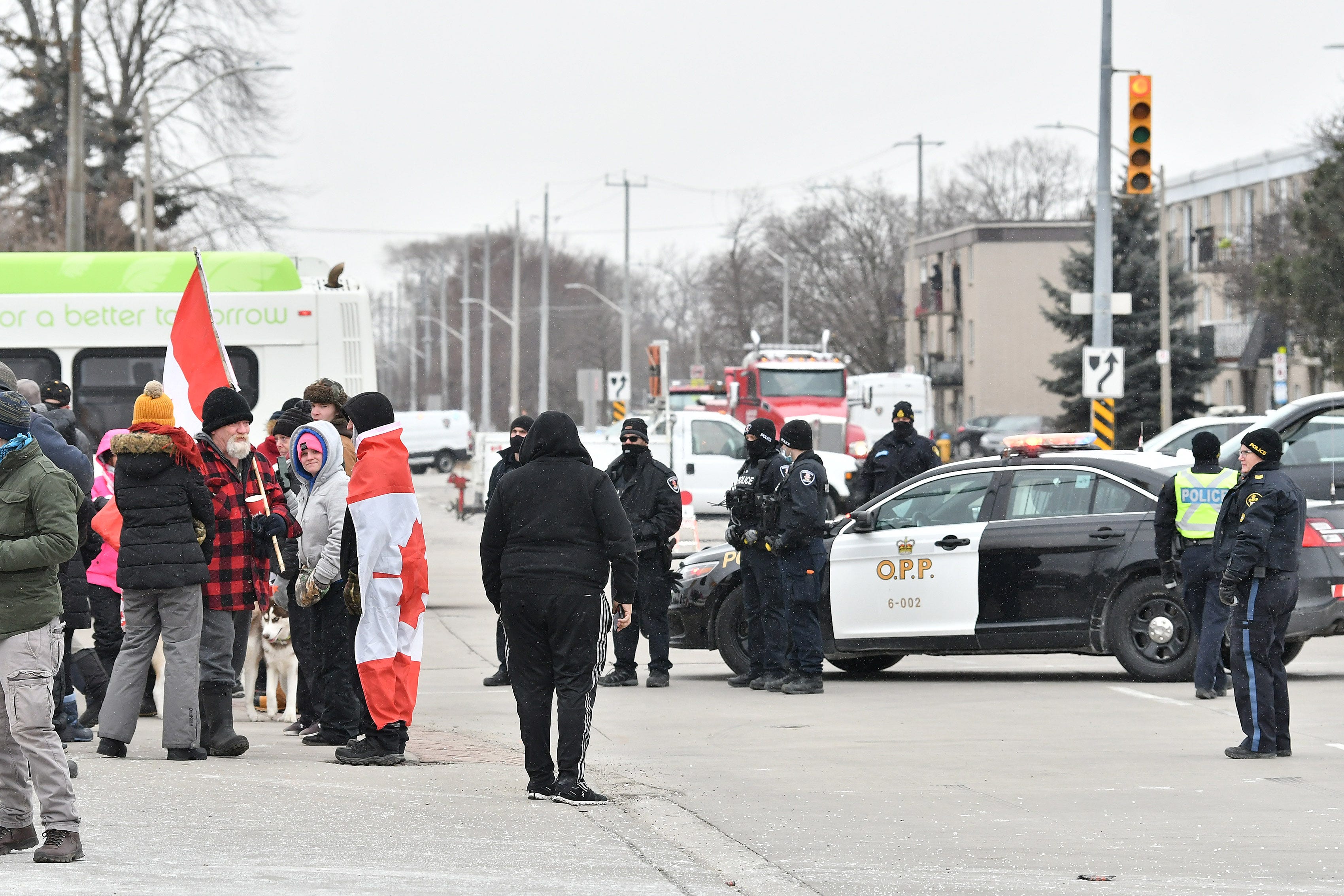 Protesters in Windsor, Ontario, on Feb. 13, 2022.  
(Robin Buckson / The Detroit News)