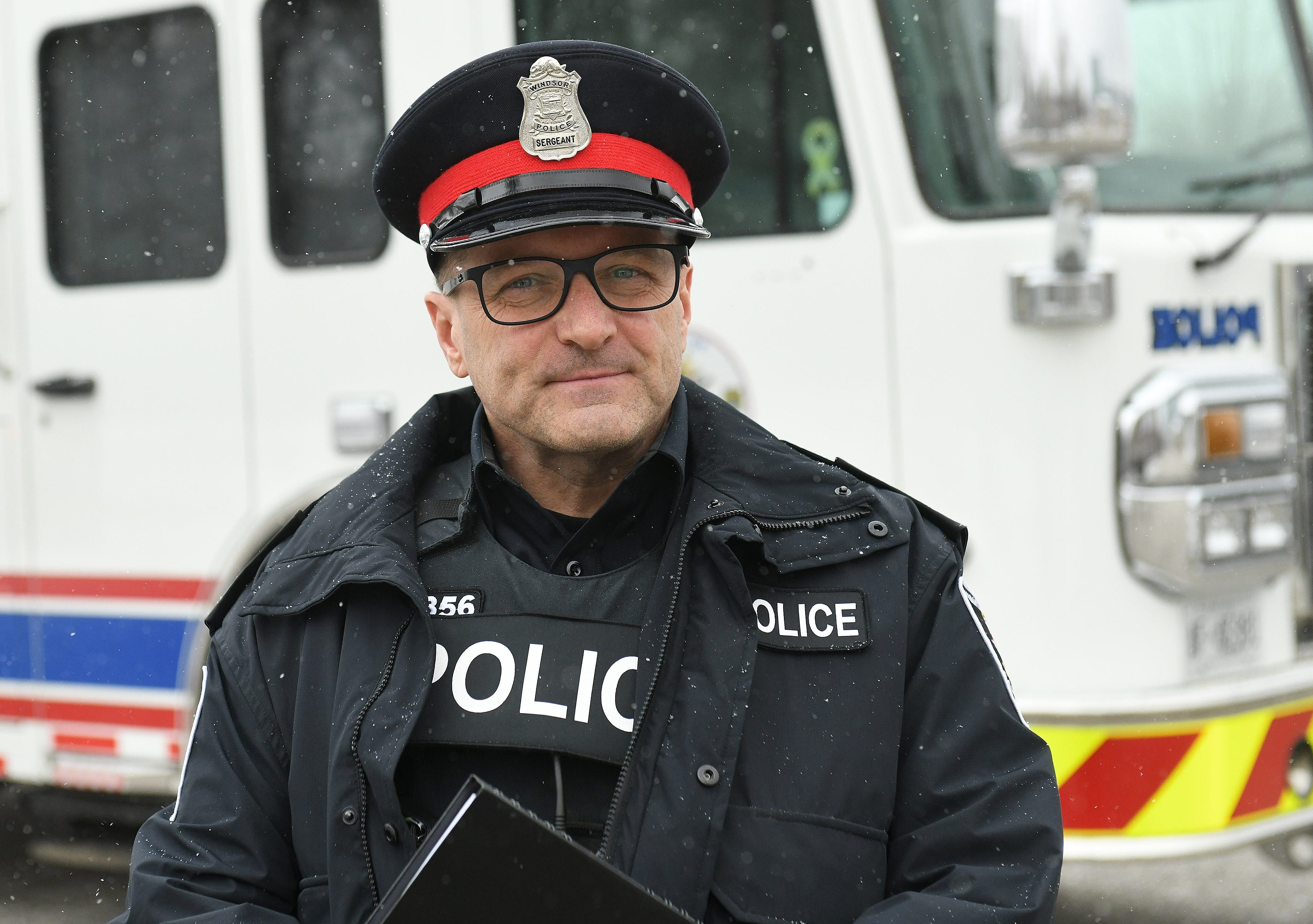 Windsor Police Sgt. Steve Betteridge talks about the arrests made with the criminal charge of mischief in the effort to reopen the Ambassador Bridge in Windsor, Ont. on Feb. 13, 2022.  
(Robin Buckson / The Detroit News)