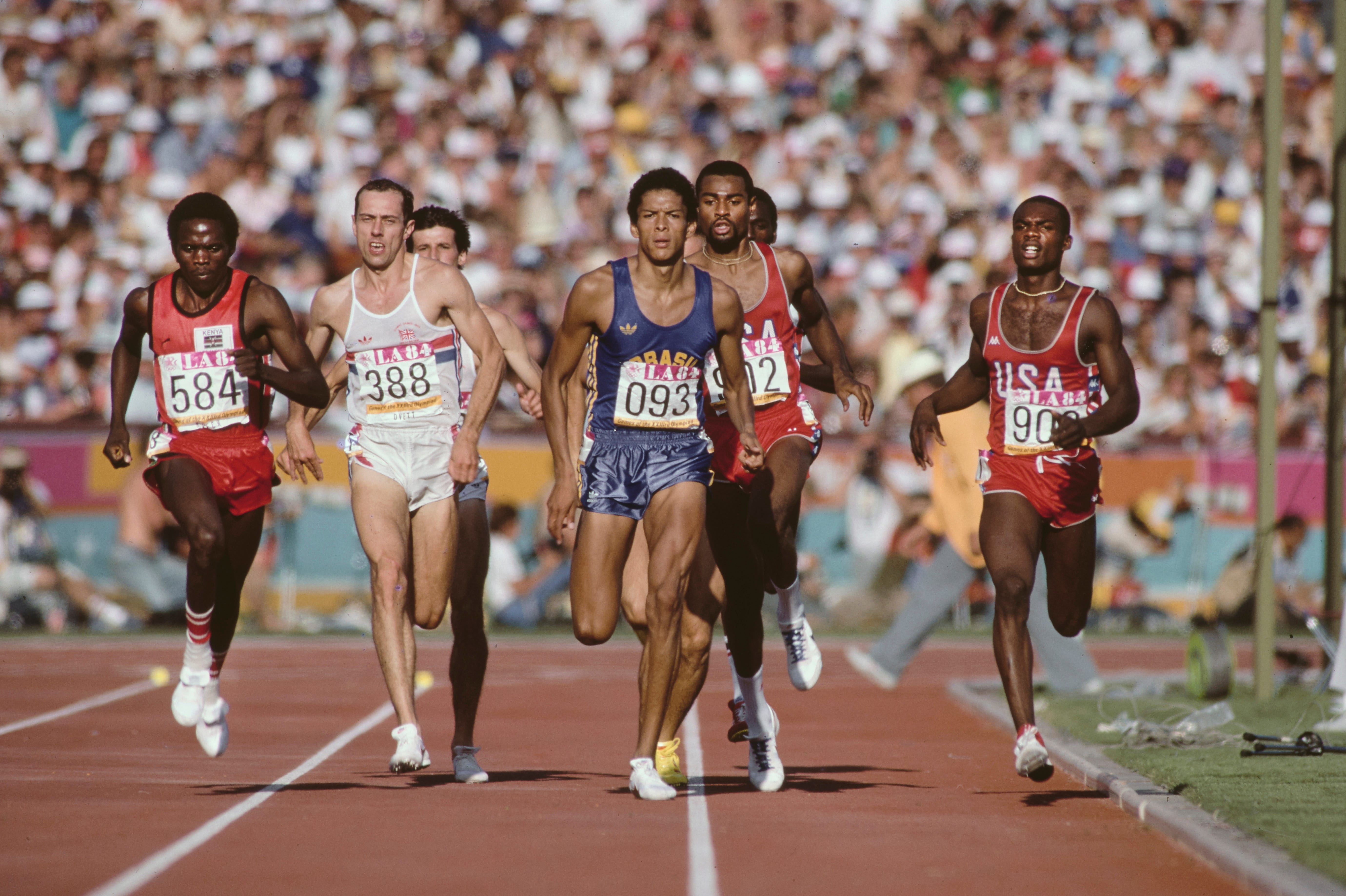 Gold medalist Joaquim Cruz #093 from Brazil leads from Edwin Koech #584 of Kenya, Steve Ovett #388 of Great Britain and Earl Jones #909 of the United States running in the final of the Men's 800m metres race on 6th August 1984 during the XXIII Olympic Summer Games at the Los Angeles Memorial Coliseum in Los Angeles, California, United States.