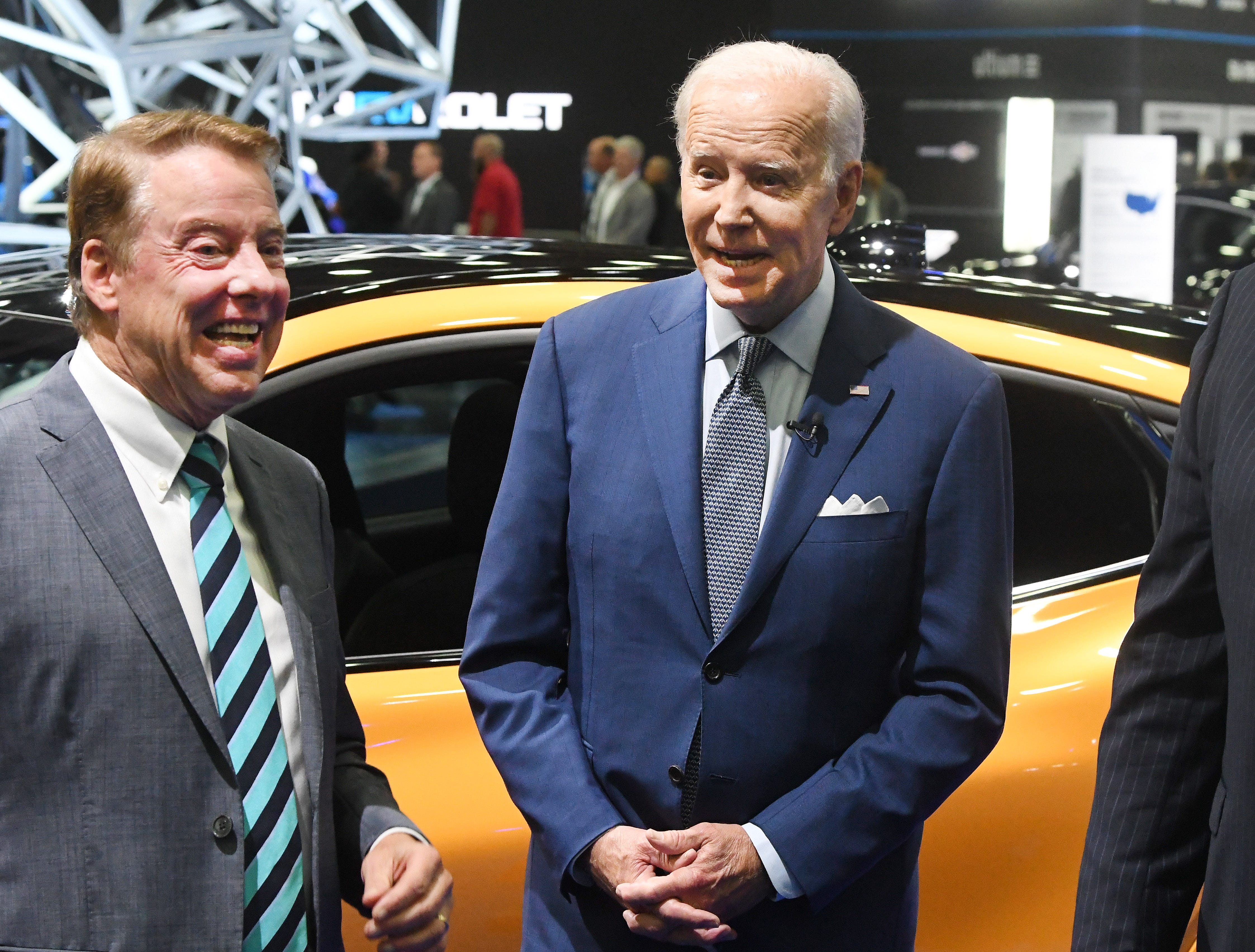 Executive Chair of Ford Motor Company William Clay Ford Jr. shows President Joe Biden the Ford display during a tour of the 2022 North American International Auto Show in Detroit, Michigan on September 14, 2022.