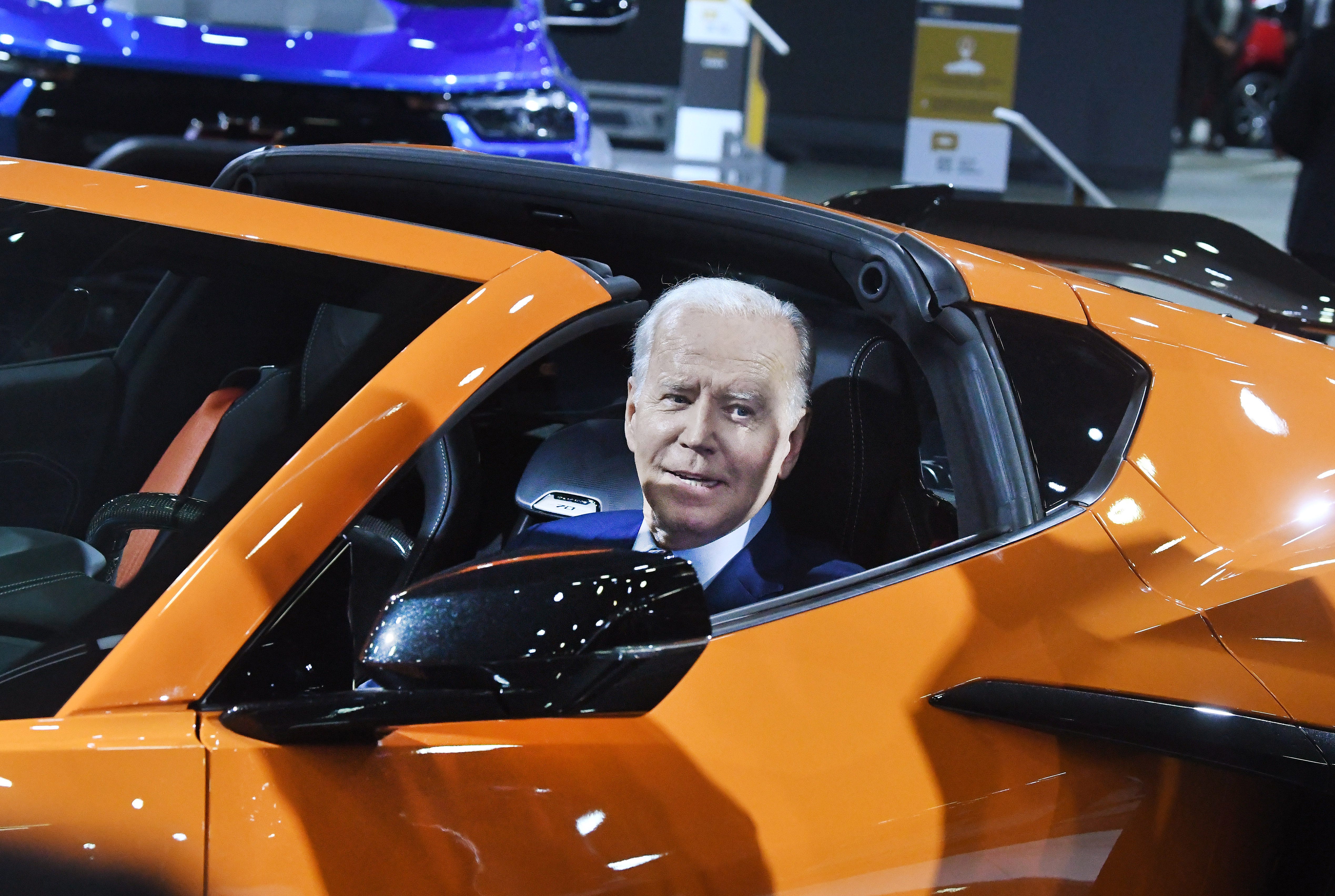 President Joe Biden looking pretty good in a Corvette Z06 convertible during a tour of the 2022 North American International Auto Show in Detroit, Michigan on September 14, 2022.