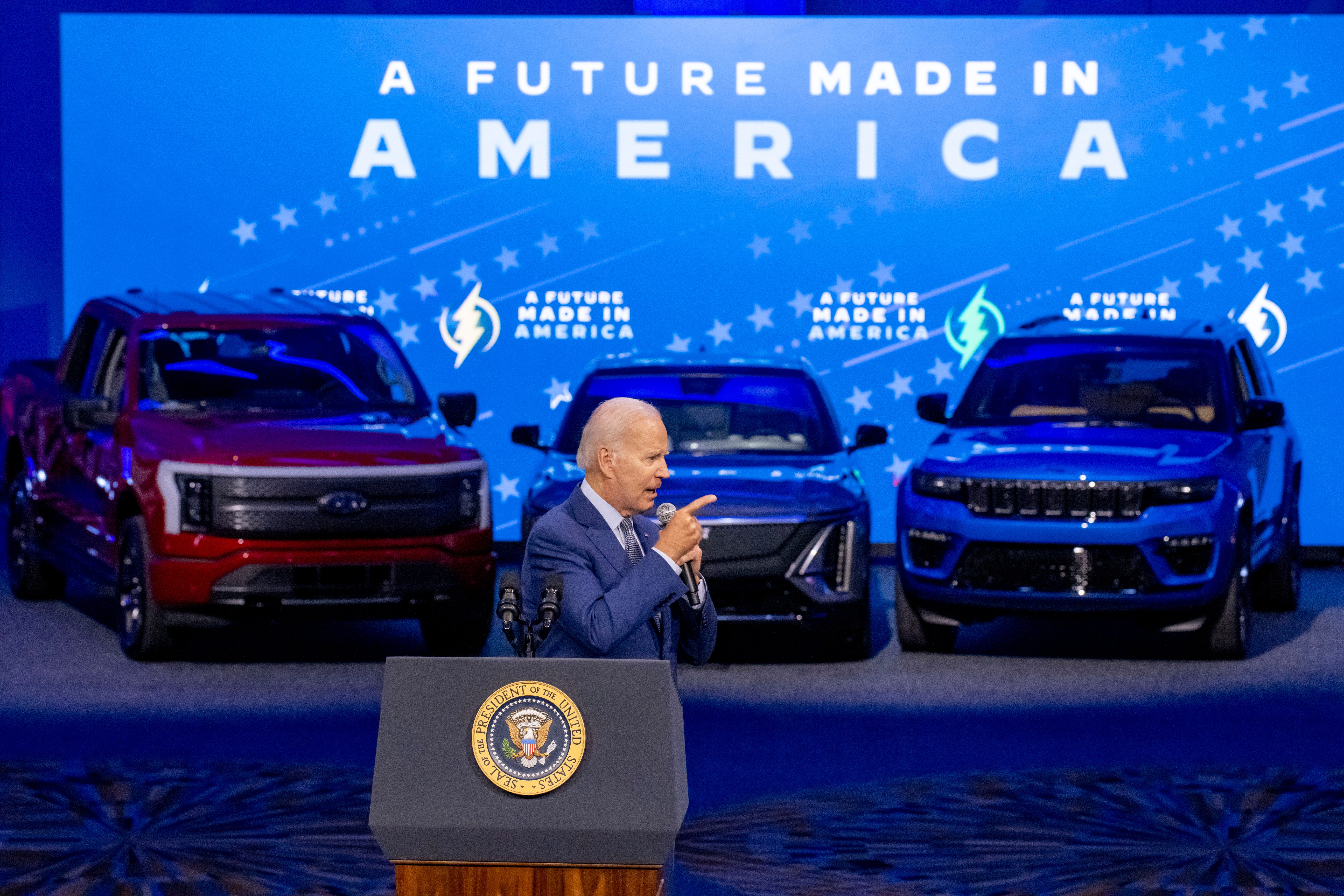 President Joe Biden gives a speech while visiting the North American International Auto Show at Huntington Place, in Detroit, September 14, 2022.