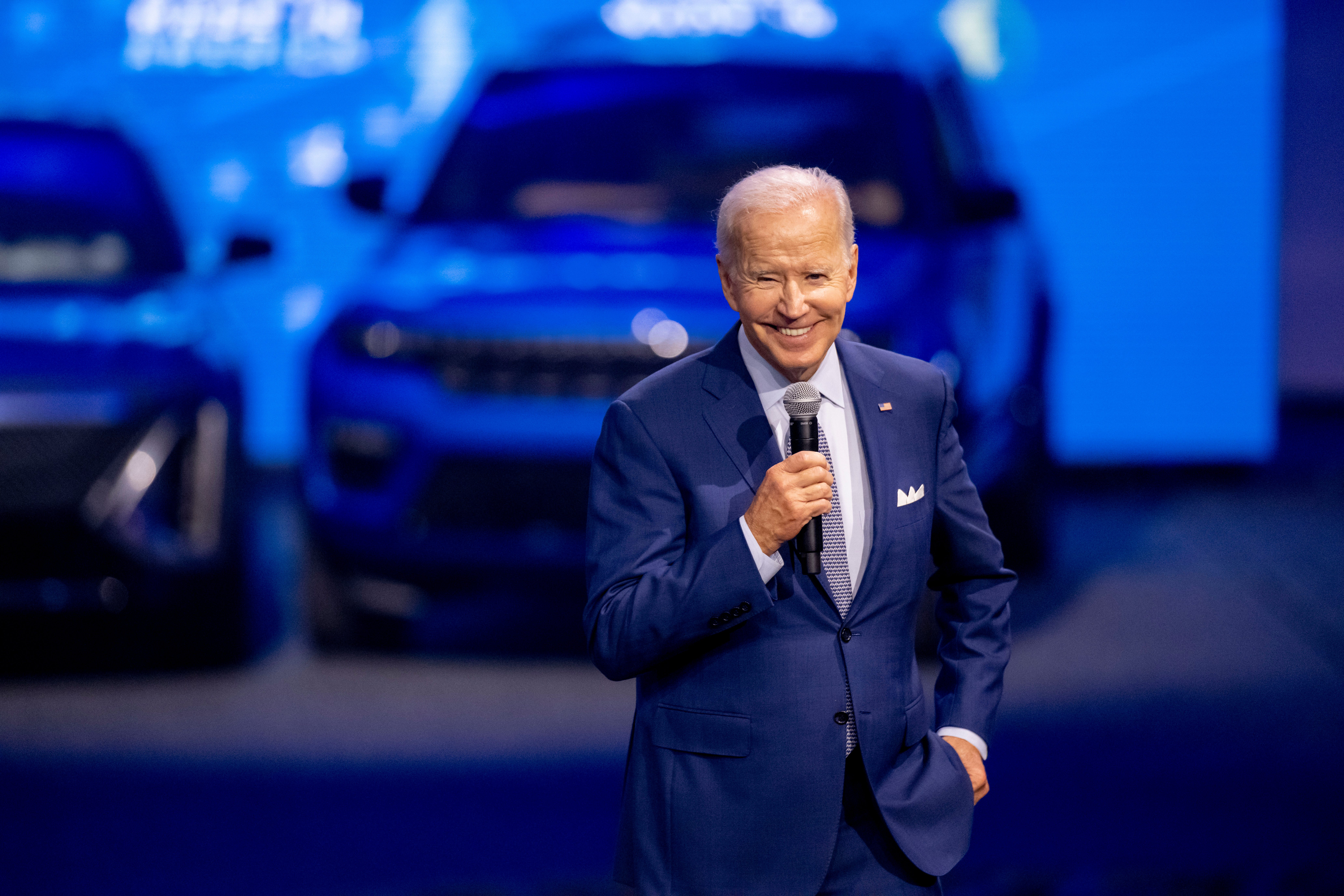 President Joe Biden gives a speech while visiting the North American International Auto Show at Huntington Place, in Detroit, September 14, 2022.