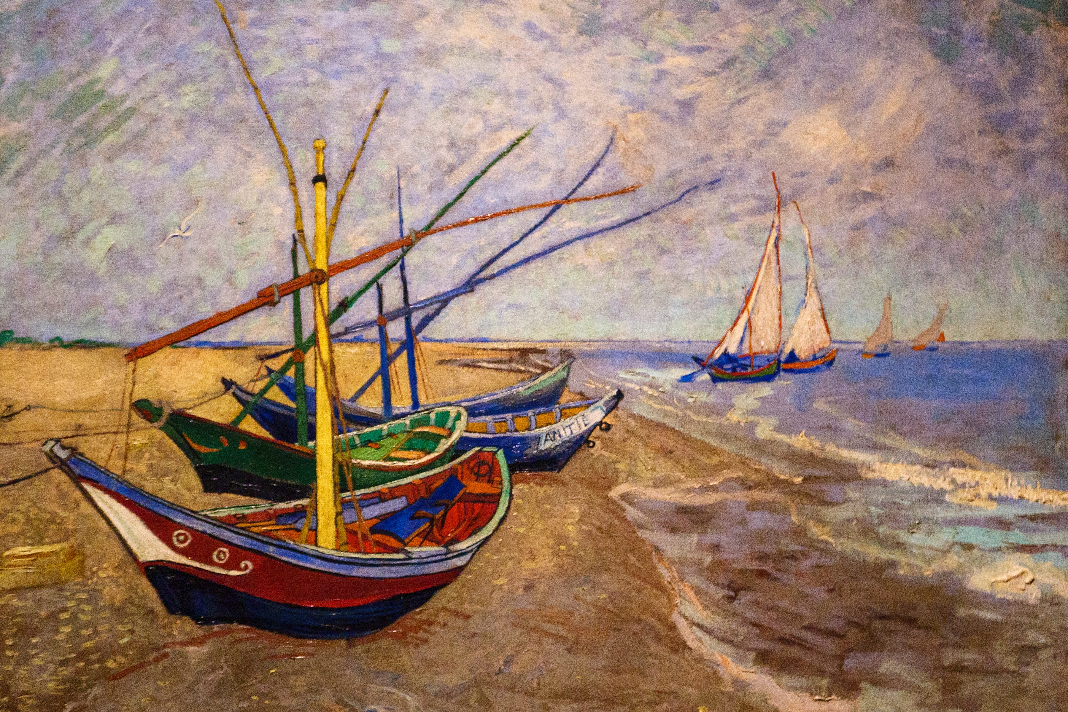 A close up look at Fishing Boats on the Beach at Les Saints-Maries-de-la-Mer, 1888, at the Van Gogh in America exhibit at the Detroit institute of Arts, Wednesday, Jan. 11, 2023.