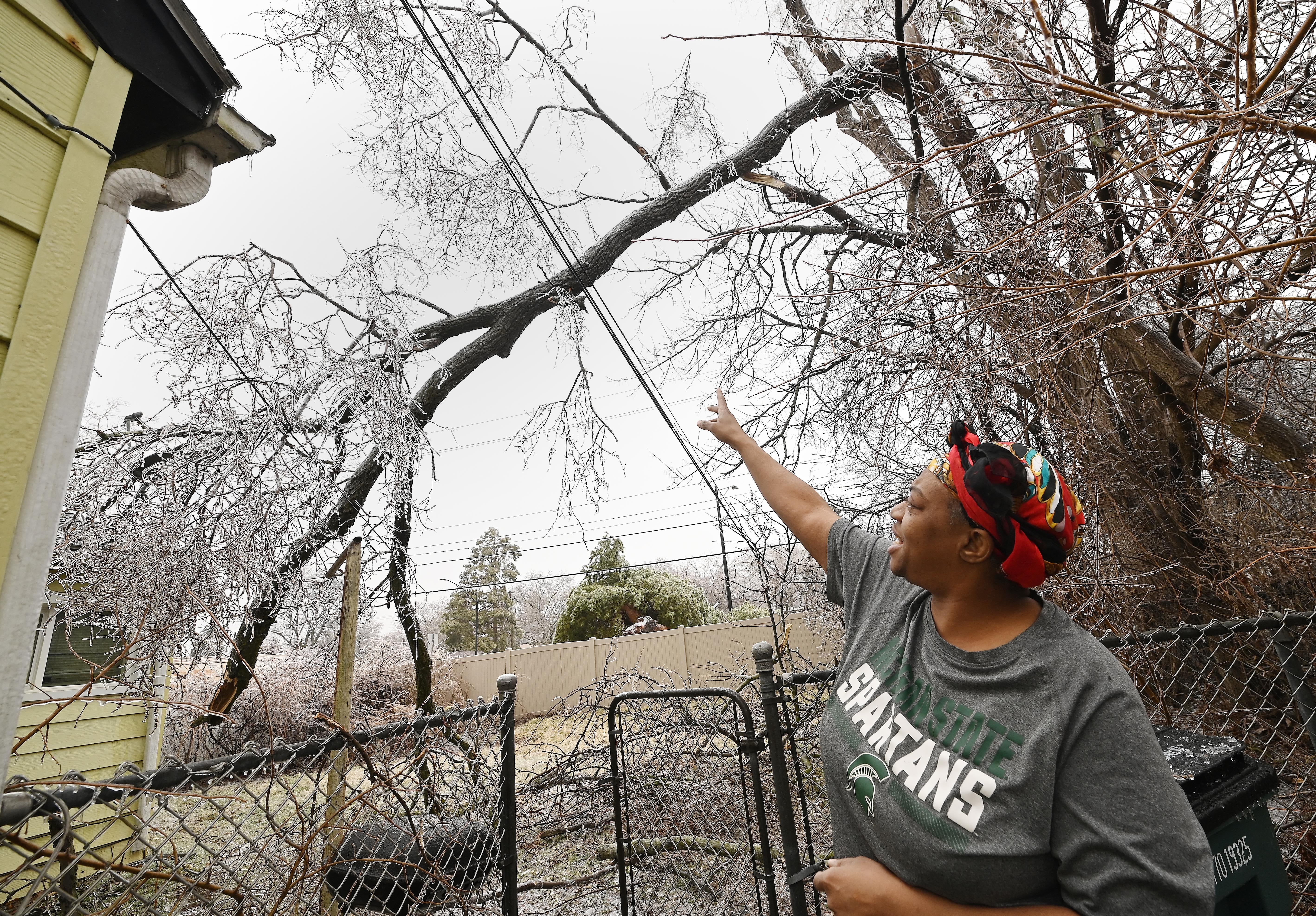 Jenett Johnson, 48, of Oak Park, shows a downed tree branch in her yard that damaged power lines from the ice storm Wednesday night.