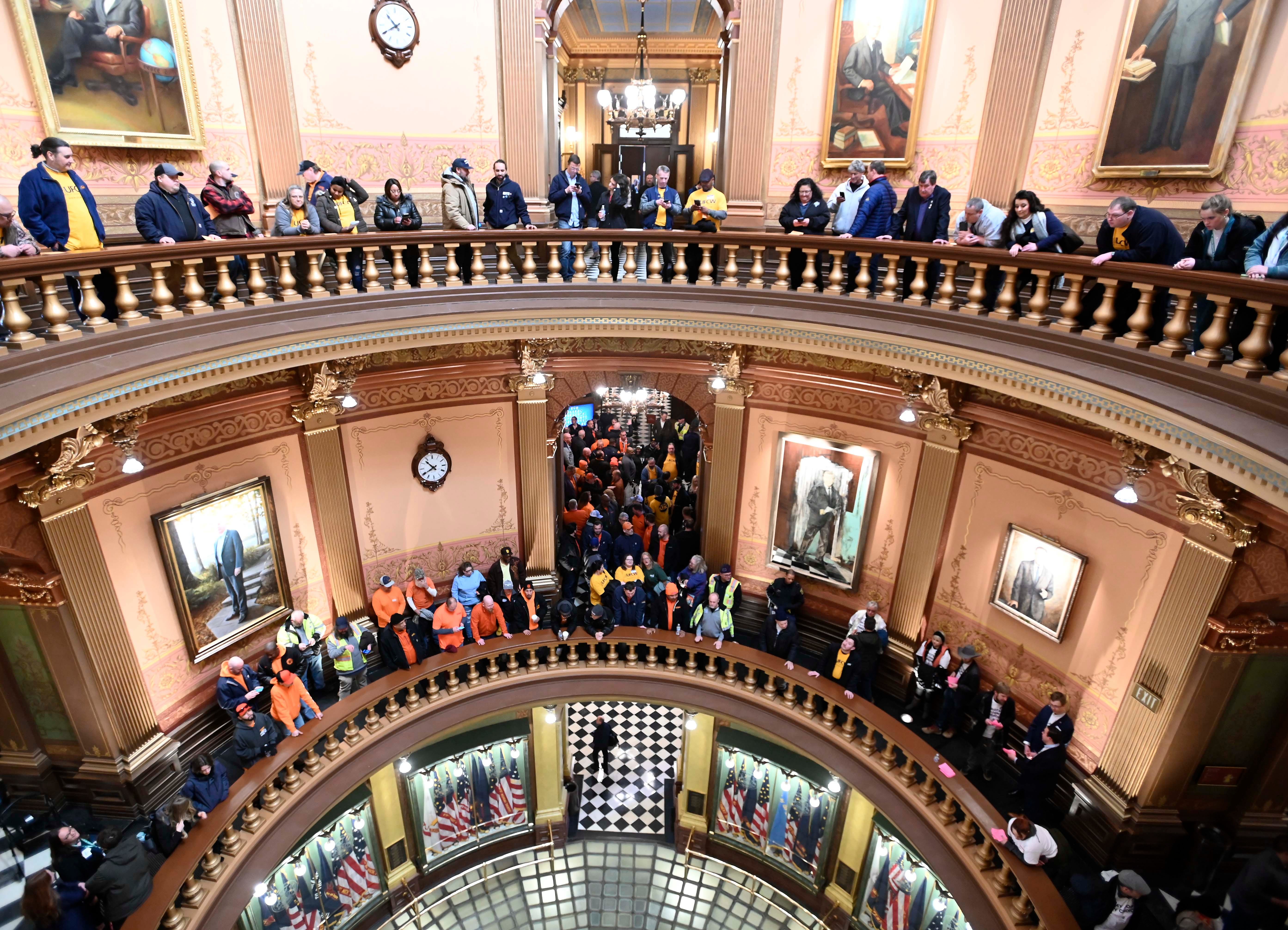 Union members and supporters chant in the Capitol rotunda, Tuesday morning, March 14, 2023, as they wait for a Right To Work bill to be voted on.