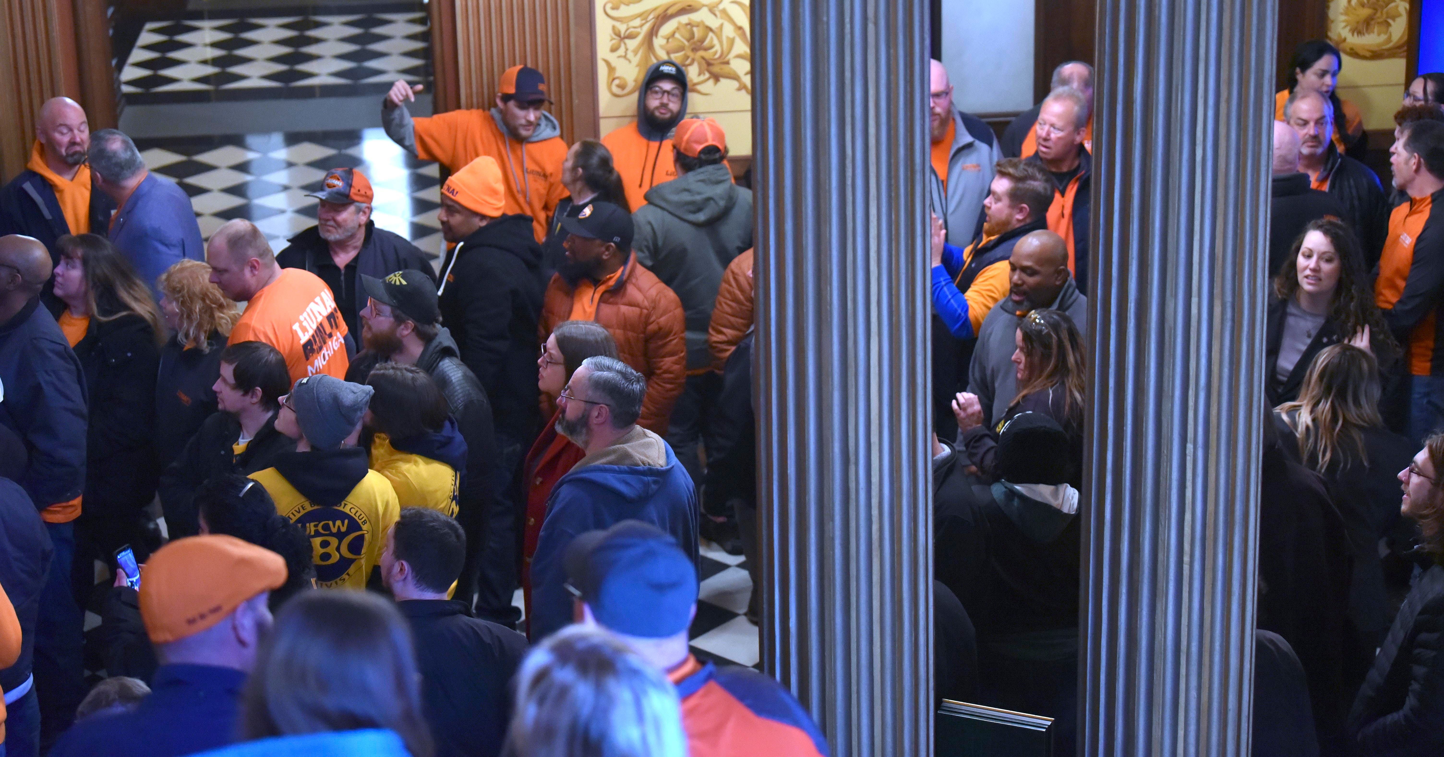 Union members, supporters and others wait for a Right To Work bill to be voted on as they wait outside Senate chambers and in the Capitol rotunda, Tuesday morning, March 14, 2023.